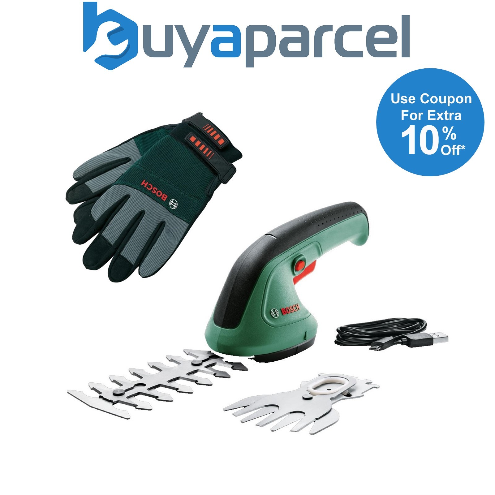 Bosch EasyShear 3.6v Cordless Grass Shear Shrub Hedge Cutter Multi Tool & Gloves