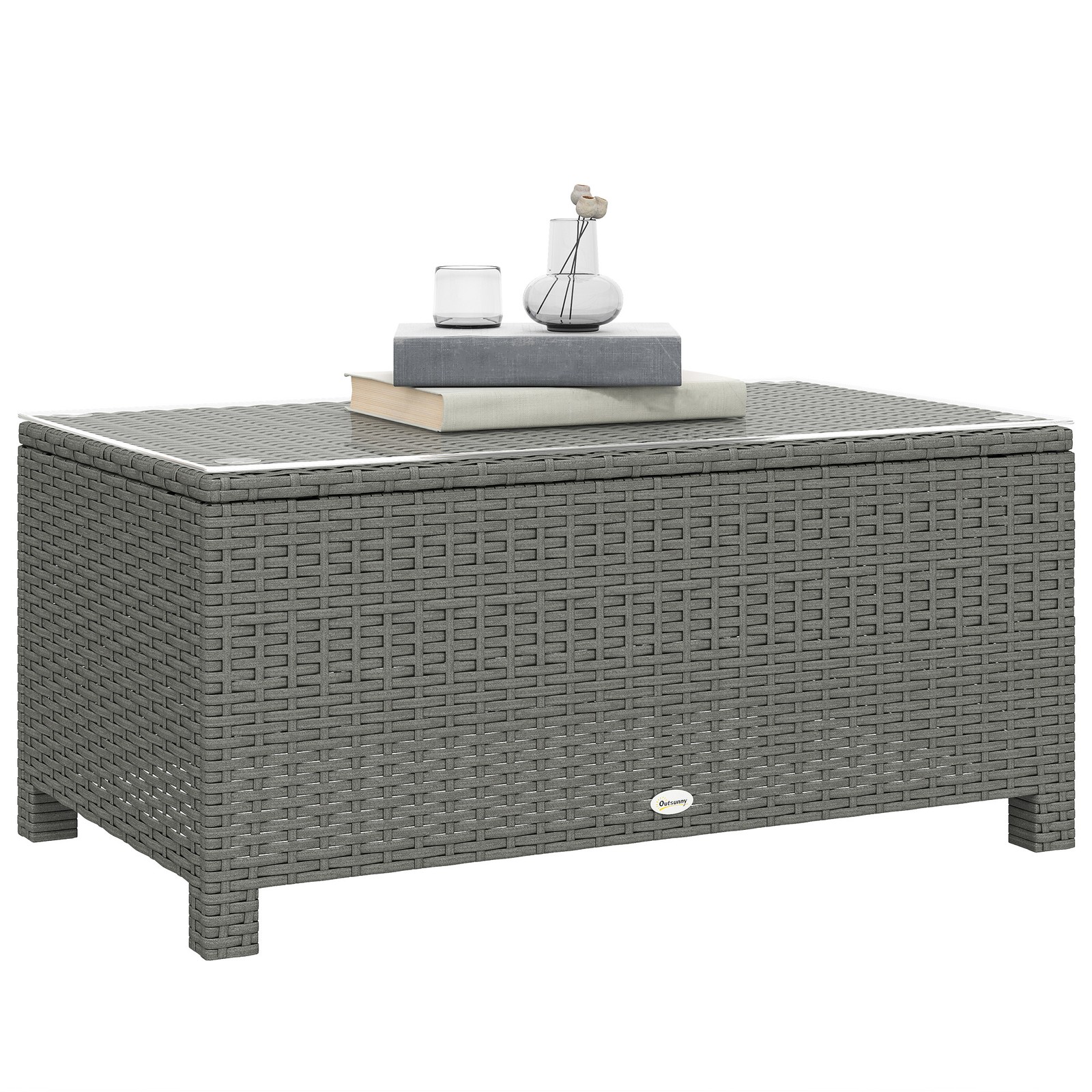 Outsunny Garden Rattan Side Table, Wicker Coffee Desk, Glass Top, Light Grey