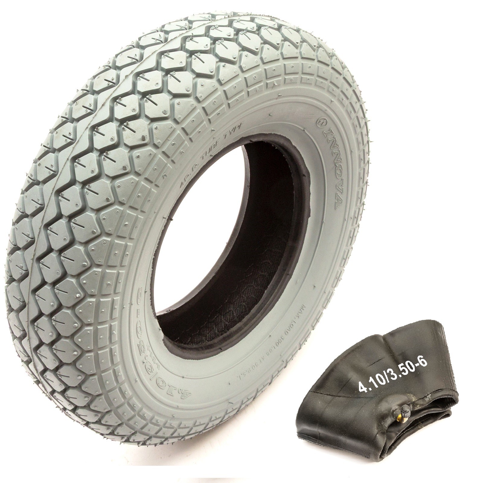 Mobility Scooter Pneumatic Tyre 4.10/3.50-6 & Inner Tube Bent Block Tread Grey