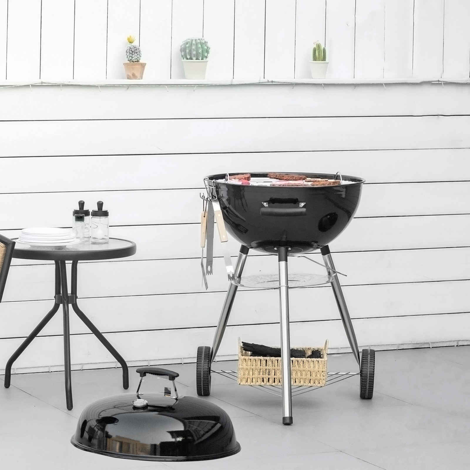 Kettle Charcoal Grill BBQ Smoker w/ Cover, Thermometer, Storage Shelf, & Wheels