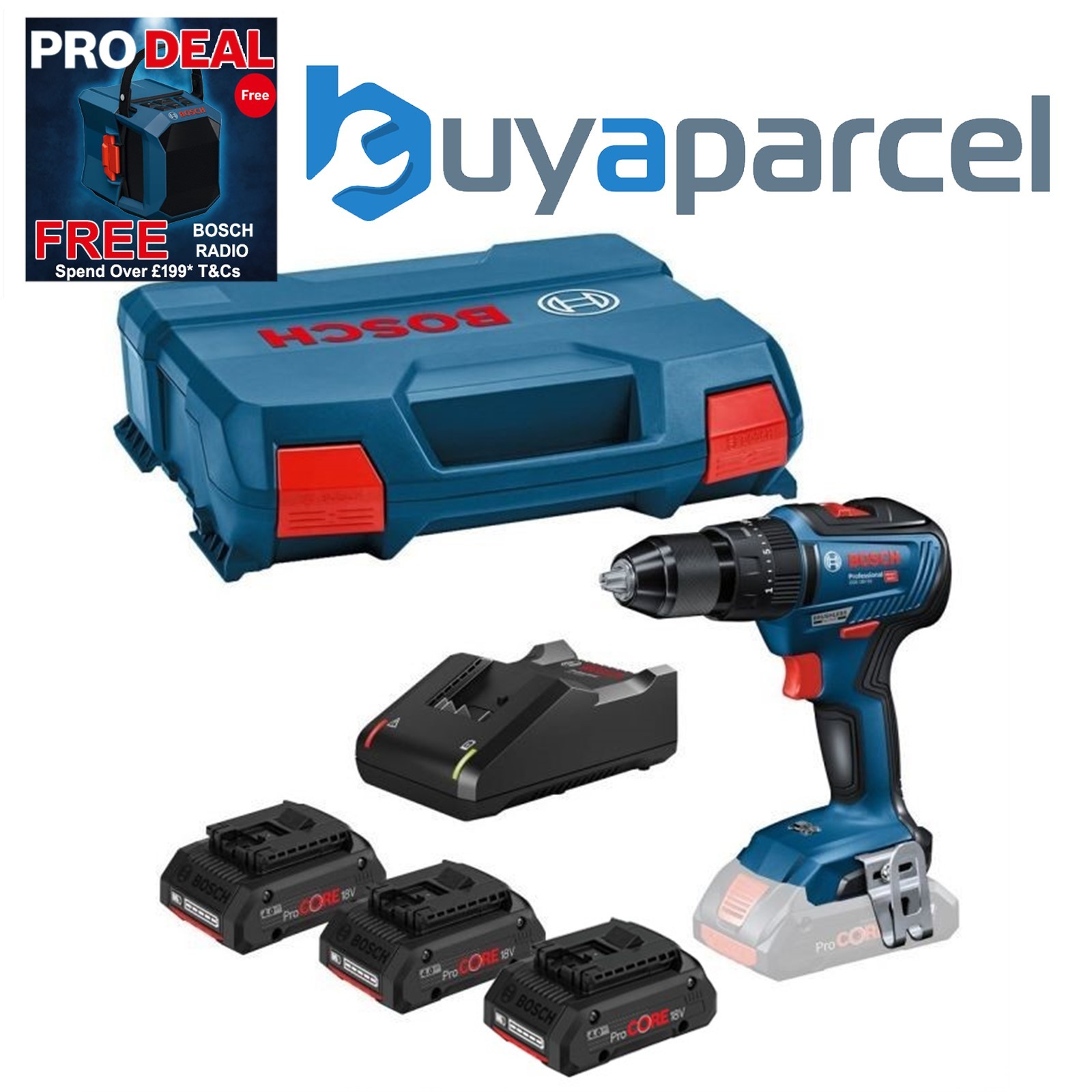 Bosch 18v GSB 18V-55 Brushless Combi Hammer Drill - 3 x 4.0ah Procore Batteries