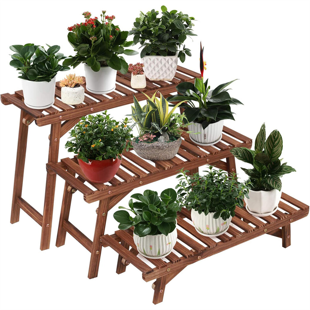 Versatile 3-Tier Wood Plant Stand Ladder Shelves Heavy Duty Utility Storage Rack