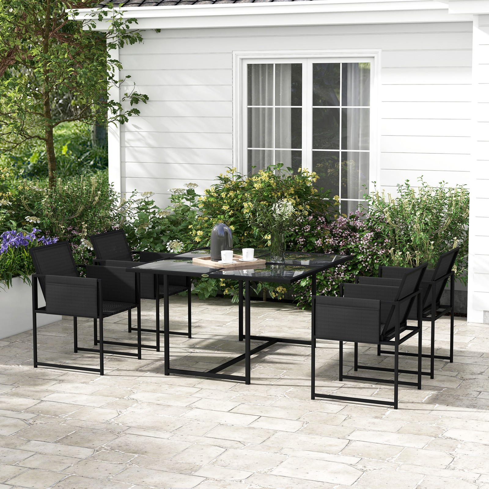 5 Piece Garden Dining Set with Adjustable Backrest and Tempered Glass Table Top