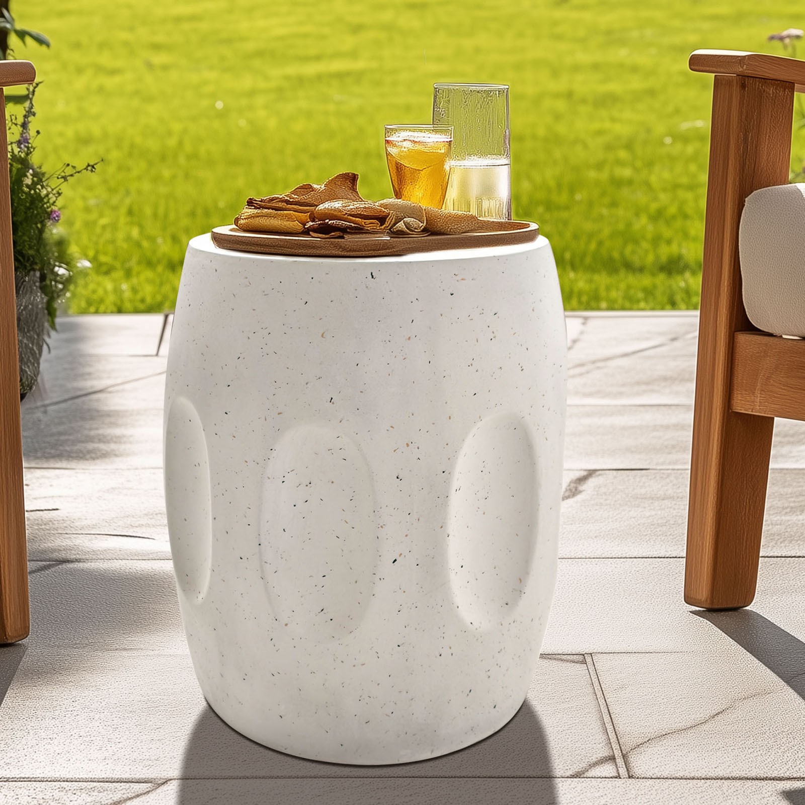 Outdoor Concrete Side Table Big Round Drum Shape Concrete Table for Garden Patio