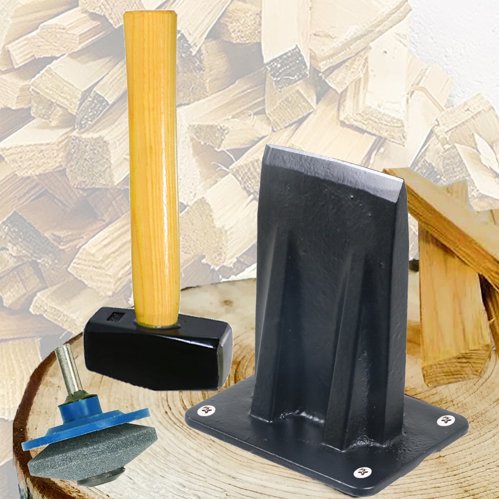 Kindling Splitter Lump Mallet Blade Sharpener Log Fire Wood Splitting Chisel Kit