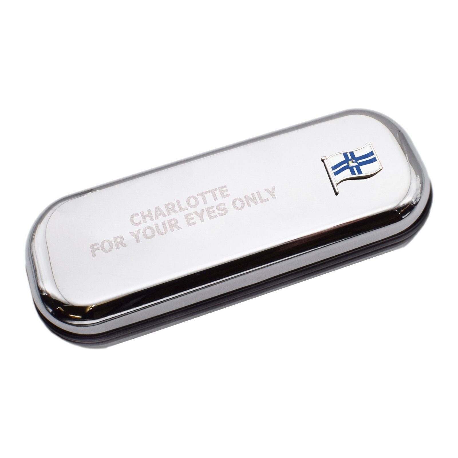 Preston City Wave Flag & Engraved With Message Chromed Glasses Case Box