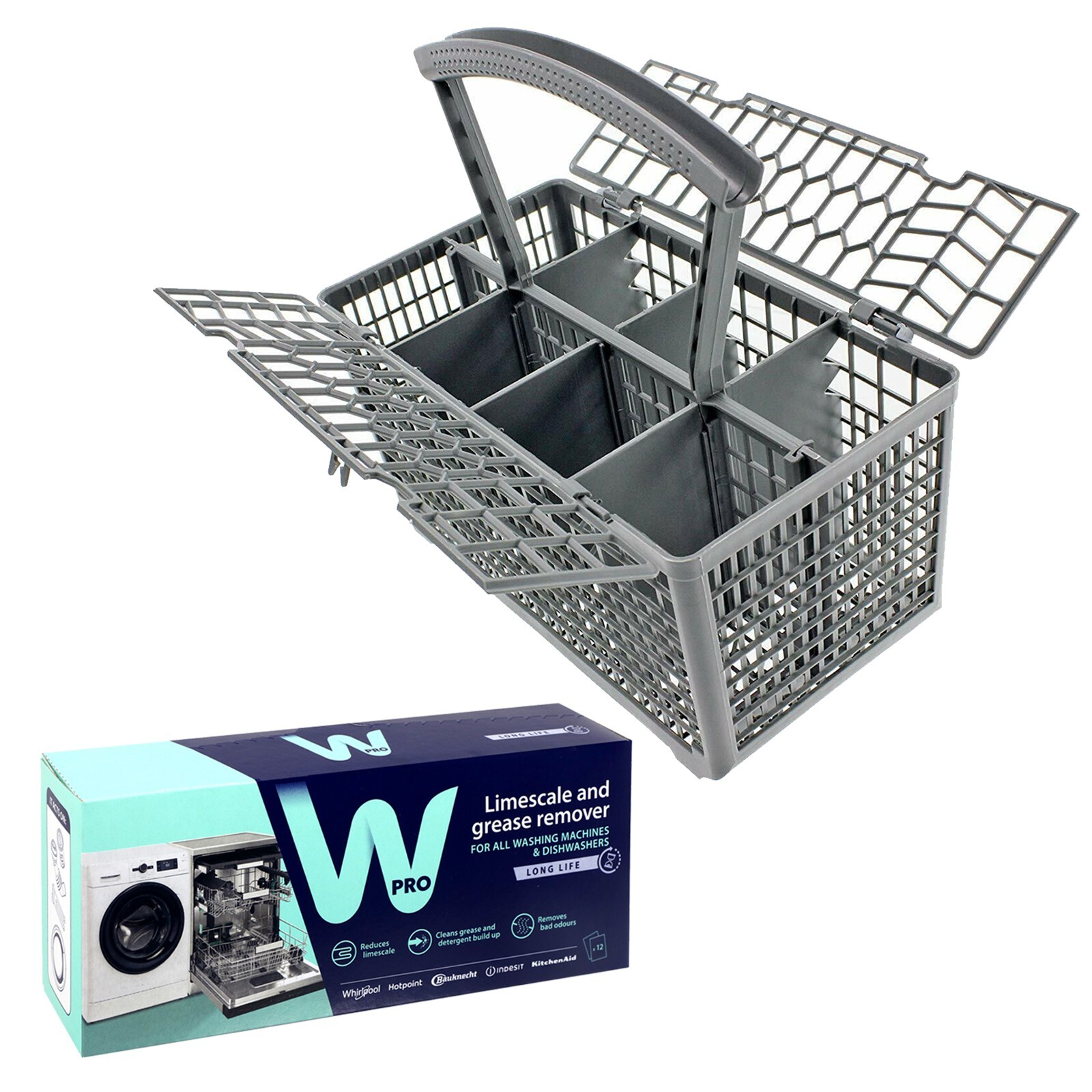 UNIVERSAL Dishwasher Cutlery Basket + Wpro Limescale Grease Remover Cleaner