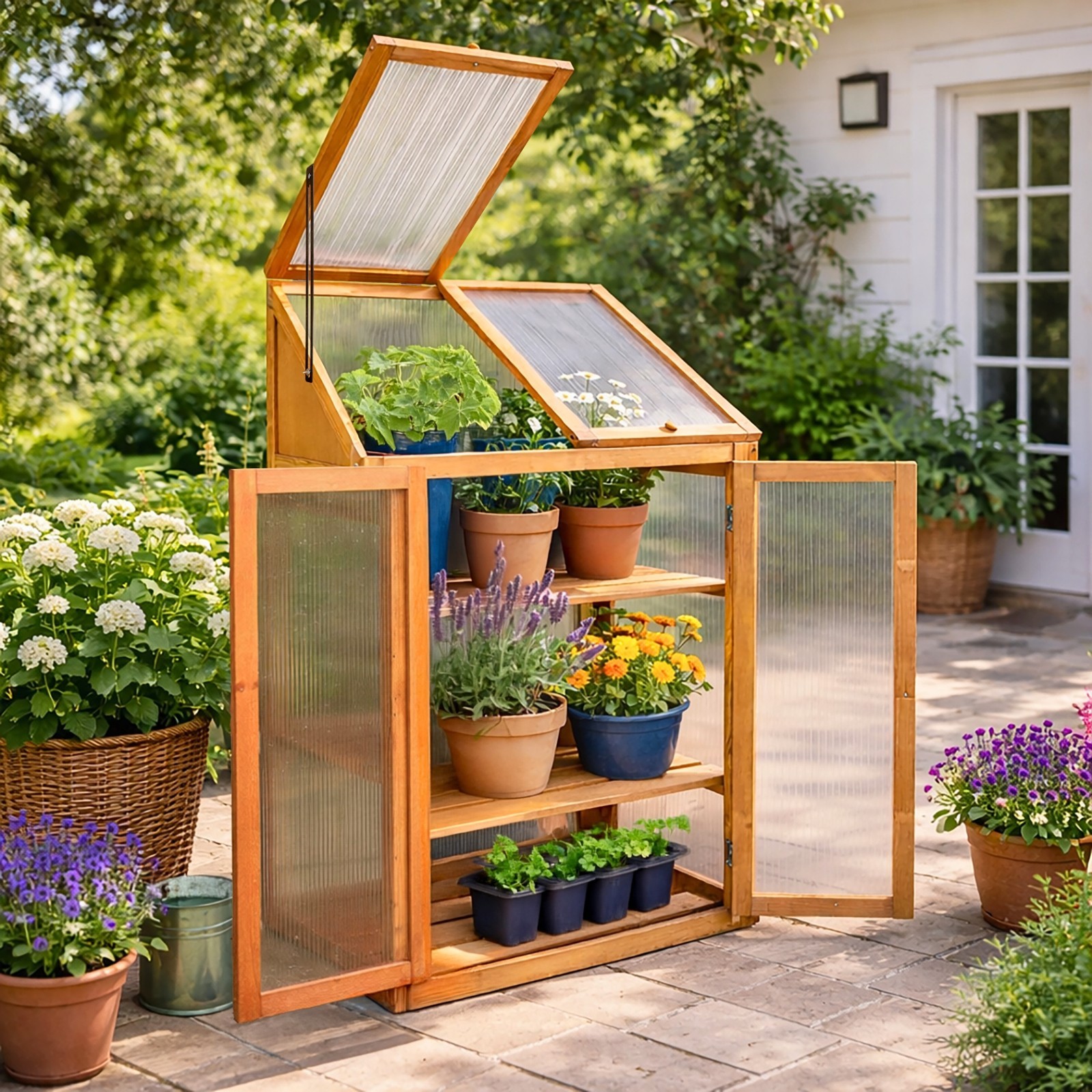 Garden Wooden Greenhouse 3 Tier Cold Frame Outdoor Growhouse Planting Shelter