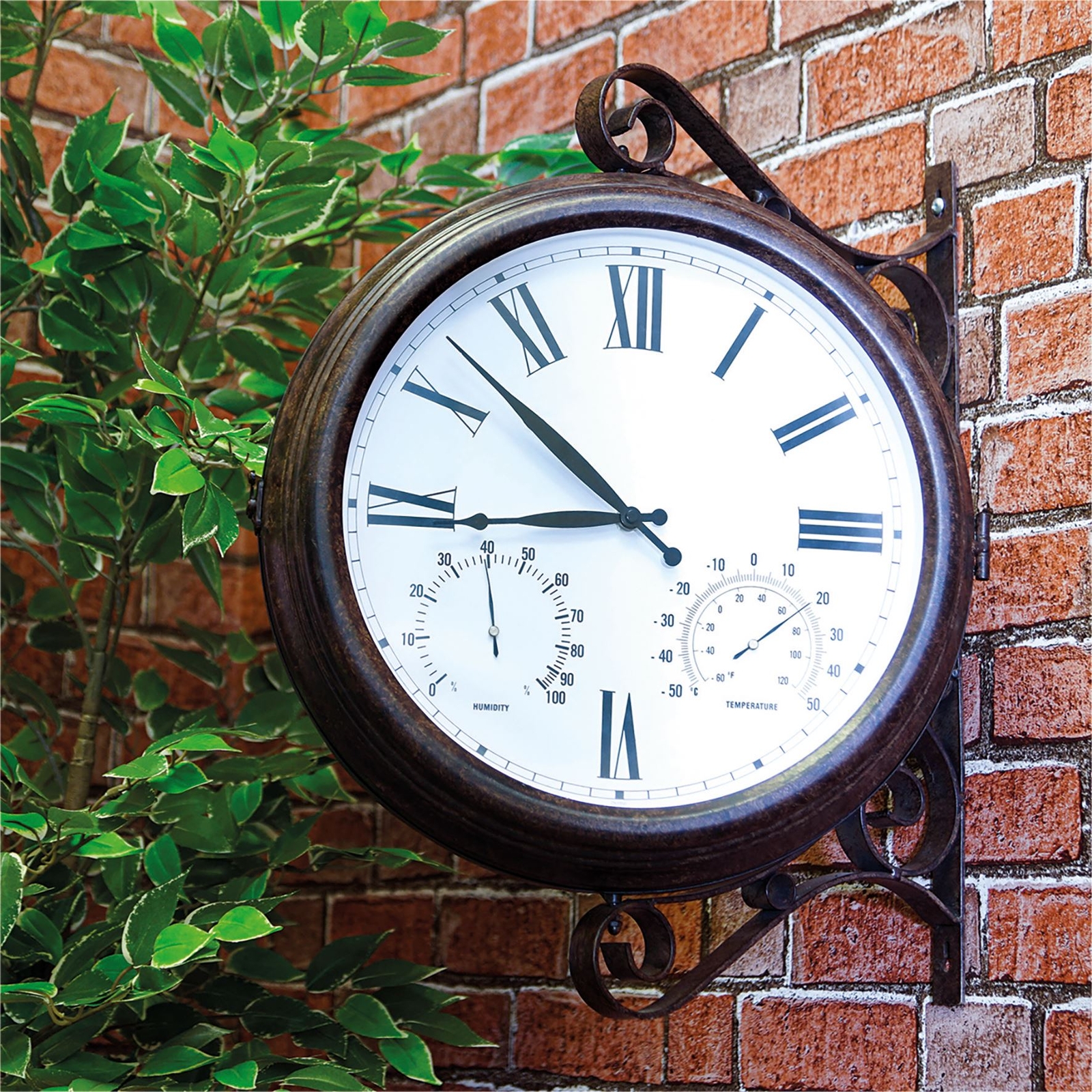 Big Metal Victorian Style Station Clock Outdoor Large 15" Thermometer Hygrometer