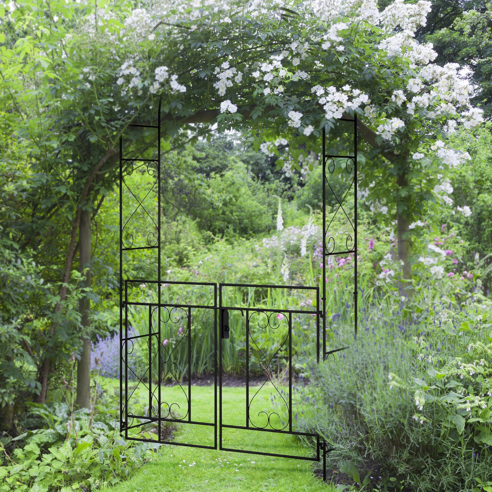 Metal Garden Arch with Double Gate, Garden Arbor for Climbing Plants