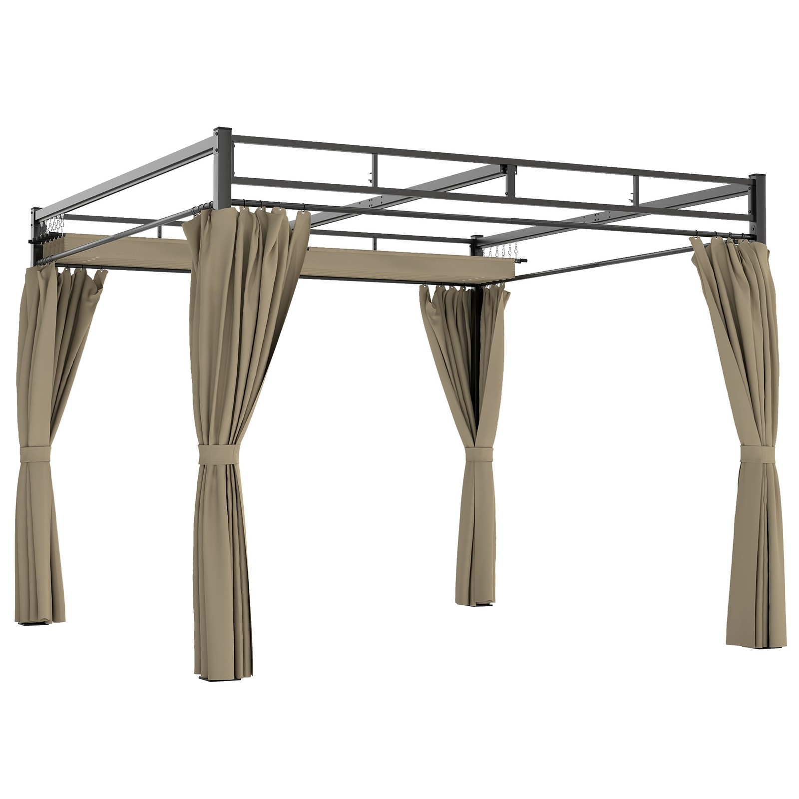 Outsunny 3 x 3 m Garden Pergola with Retractable Canopy, Curtains, Khaki