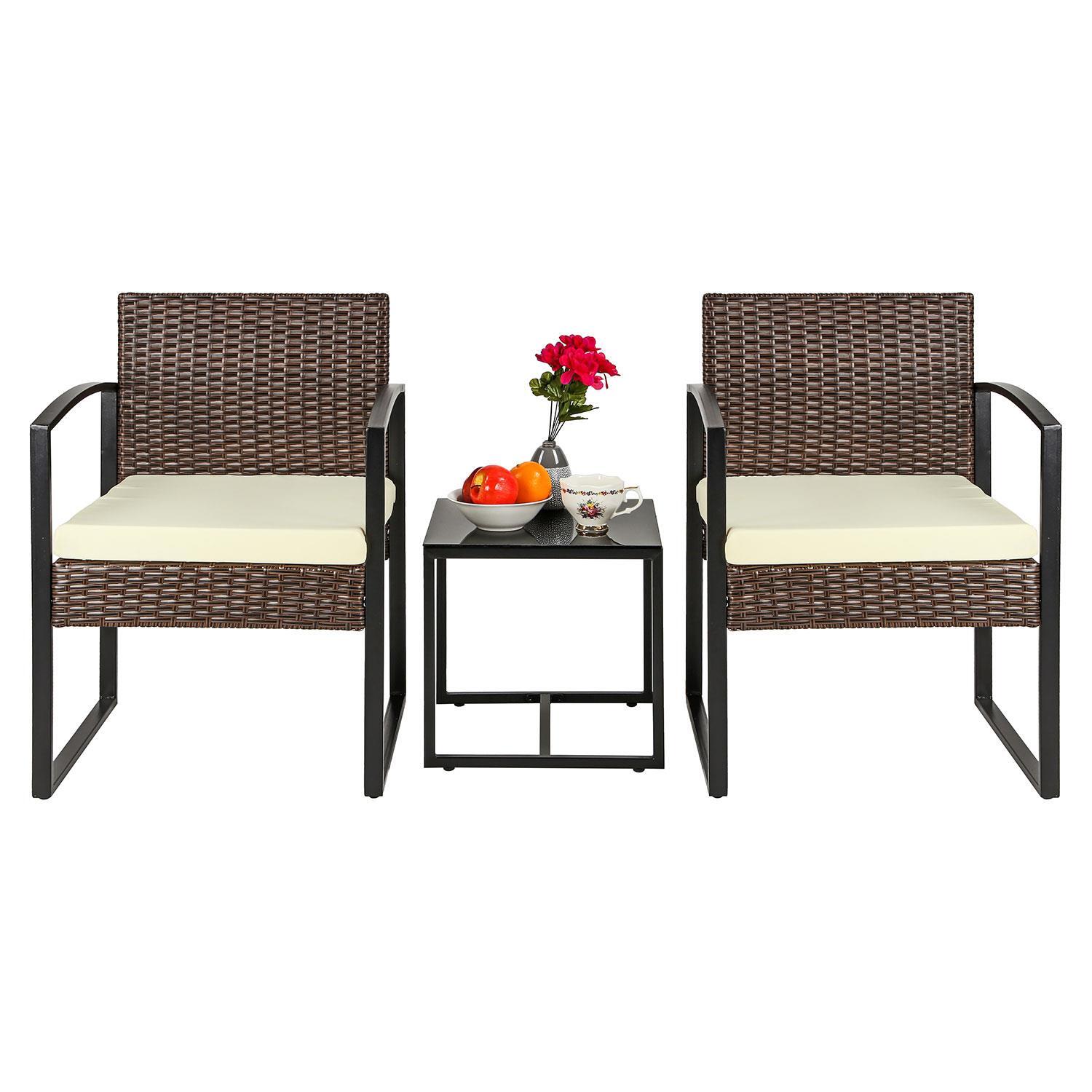 3 Piece Brown Rattan Bistro Patio Garden Furniture Set, 2 Chairs & 1 Glass Table