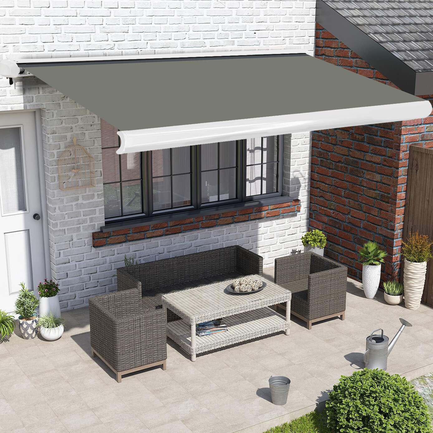 3.5x2.5m Full Cassette Garden Patio Retractable Awning Manual Shade Canopy Grey