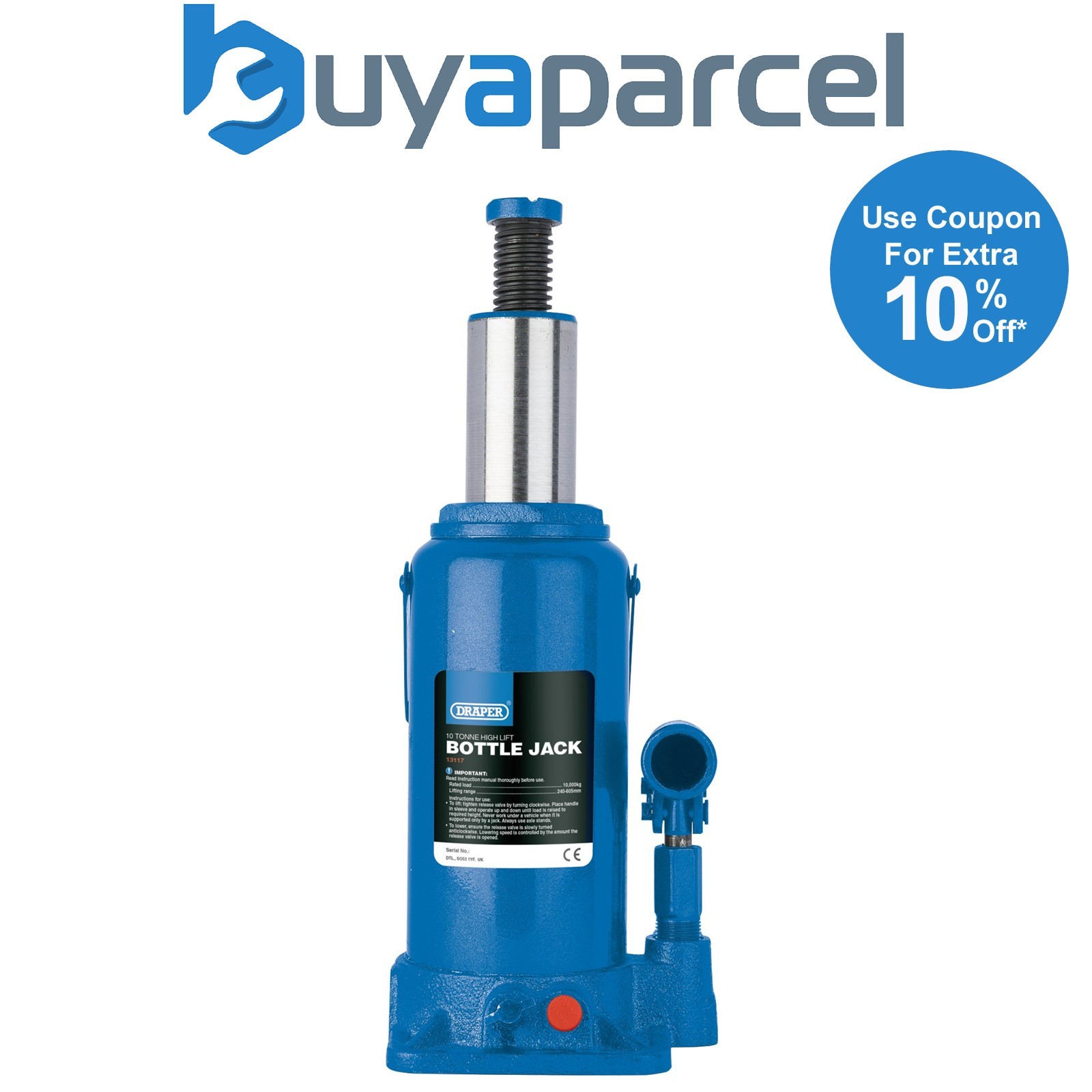 Draper 13117 High Lift Hydraulic Bottle Jack, 10 Tonne