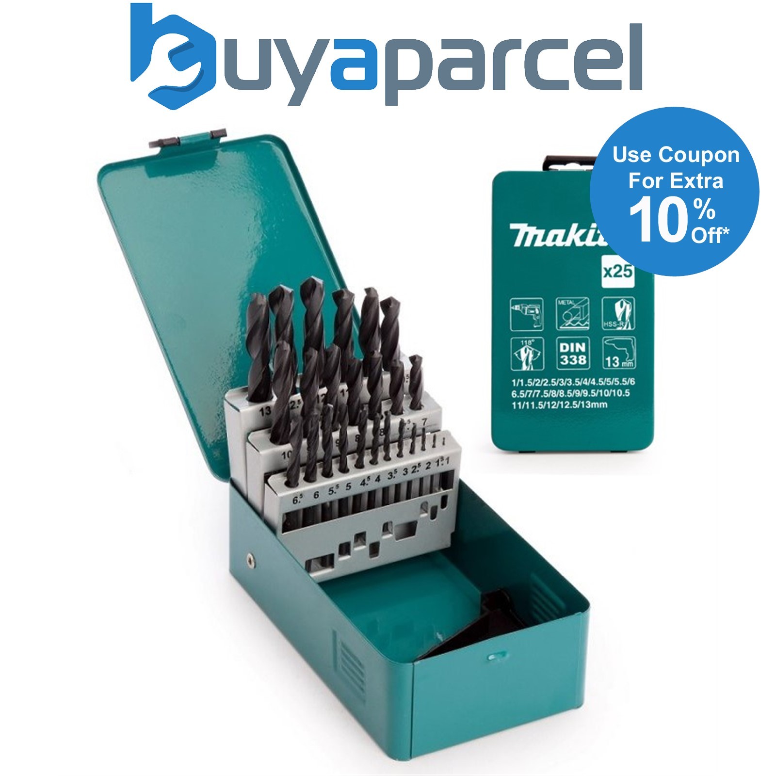 Makita D-54097 25 Piece Drill Bit HSS-R Metal Drill Bit Set Storage Tin 1-13mm