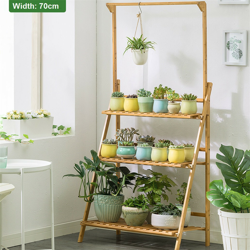 3 Tier Folding Plant Stand Ladder Shelf W/ Flower Pot Hanging Bar Shelf Organize