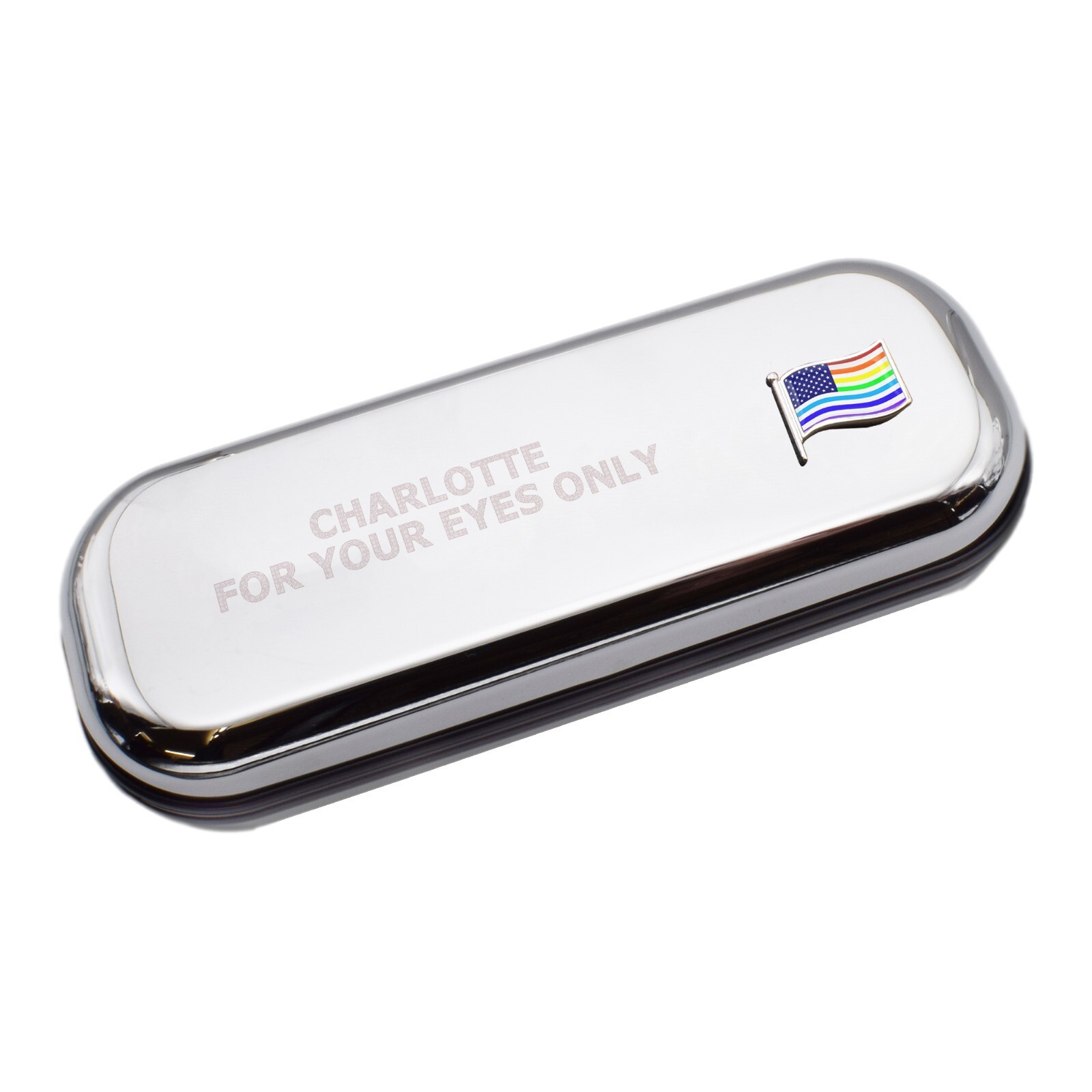 USA Rainbow Wave Flag & Engraved With Message Chromed Glasses Case Box