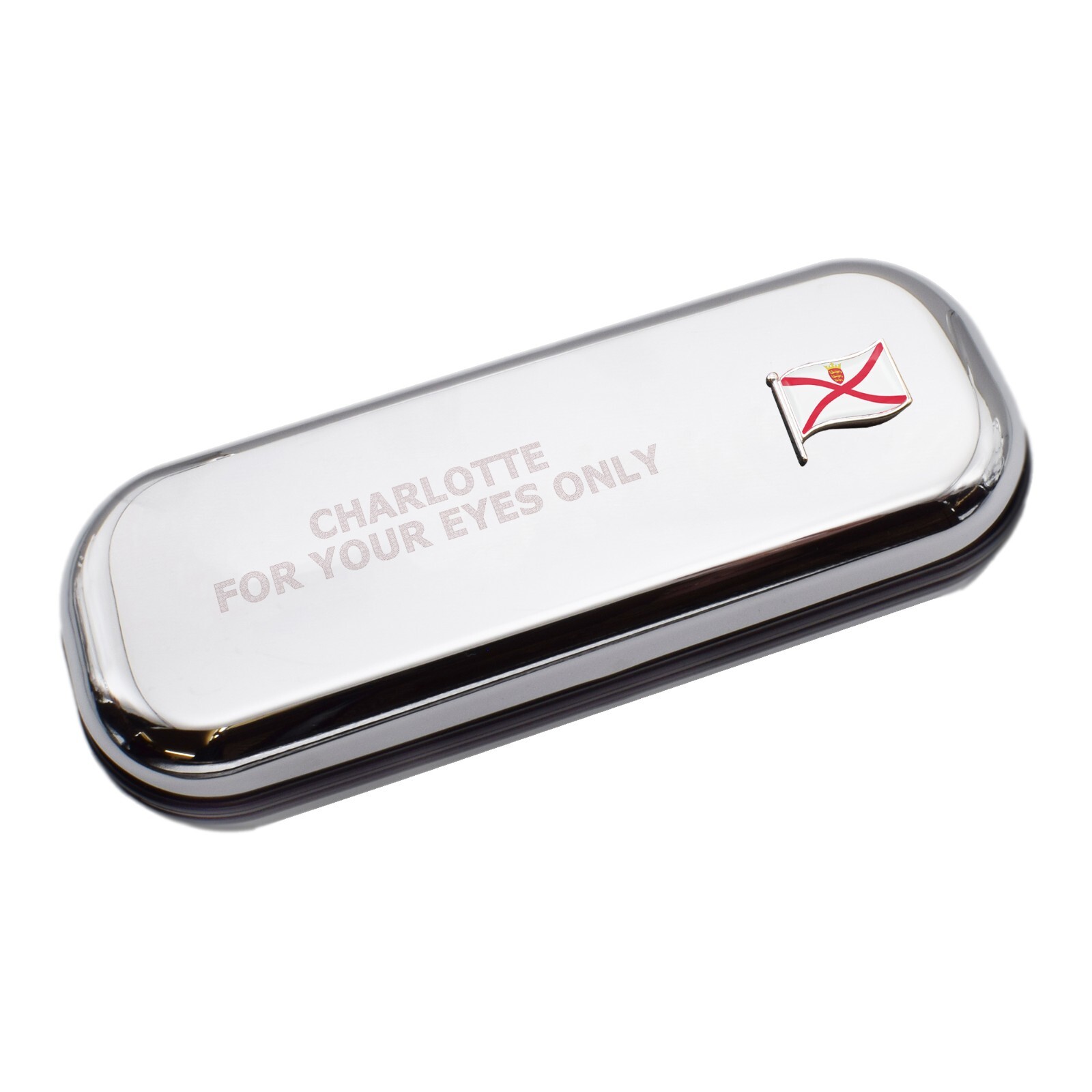 Jersey Wave Flag & Engraved With Message Chromed Glasses Case Box