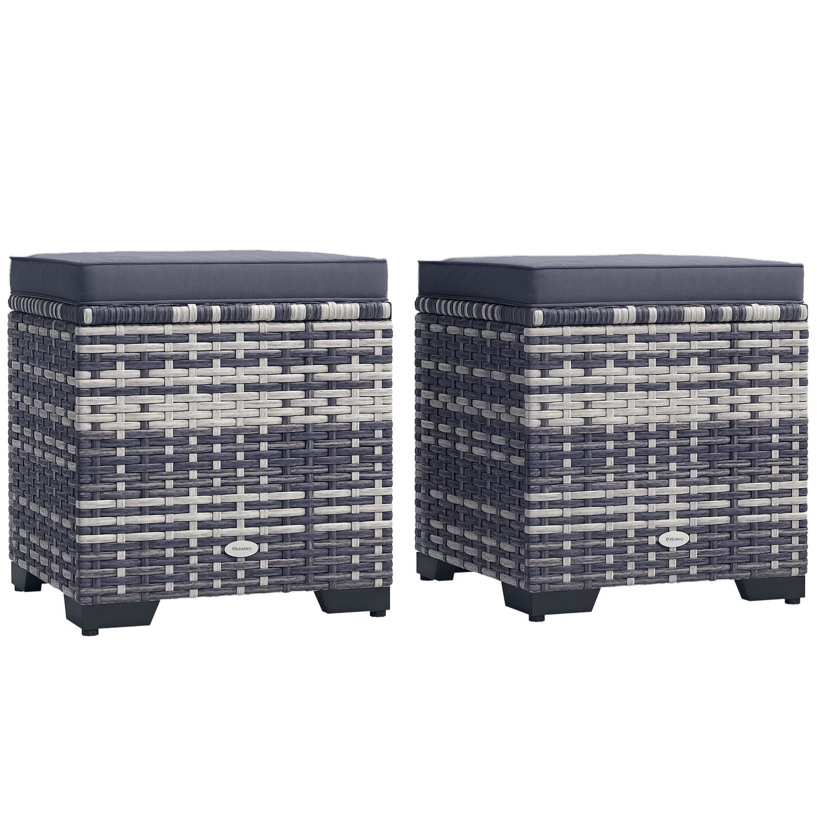 Outsunny Set of 2 Rattan Footstool, Storage Ottoman w/ Cushions, Dark Grey