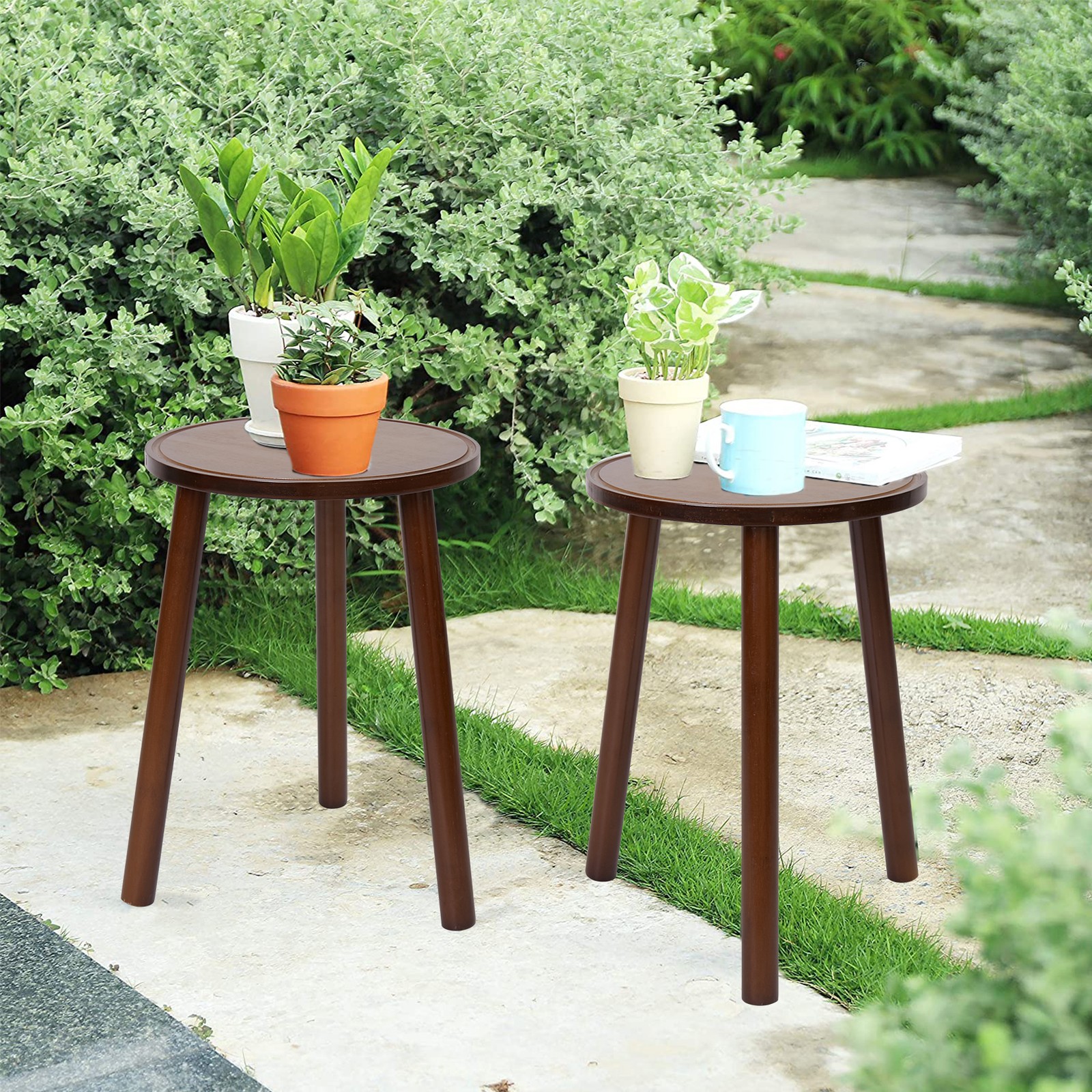 2X Bamboo Plant Stand 42cm Tall Indoor Outdoor Flower Pot Stand Small Side Table