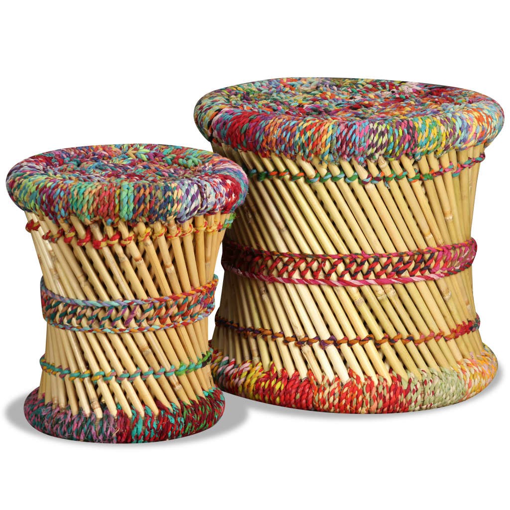 Stool Set 2 Pieces Bamboo with Chindi Details Multicolour Handmade Seat vidaXL