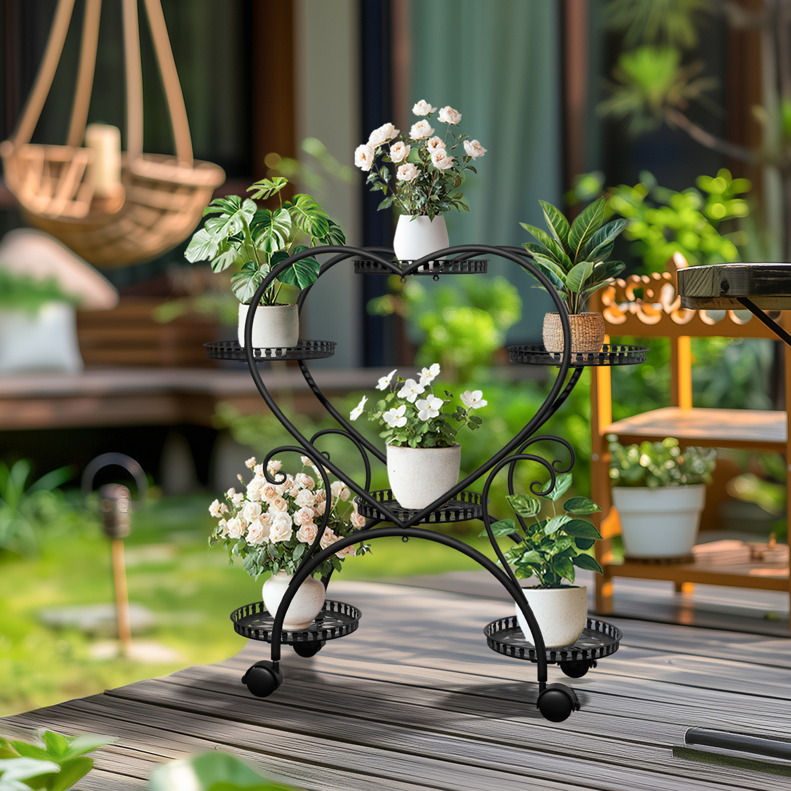 Metal Plant Stand with Wheels Heart-Shaped 6 Potted Plant Holder Bonsai Rack