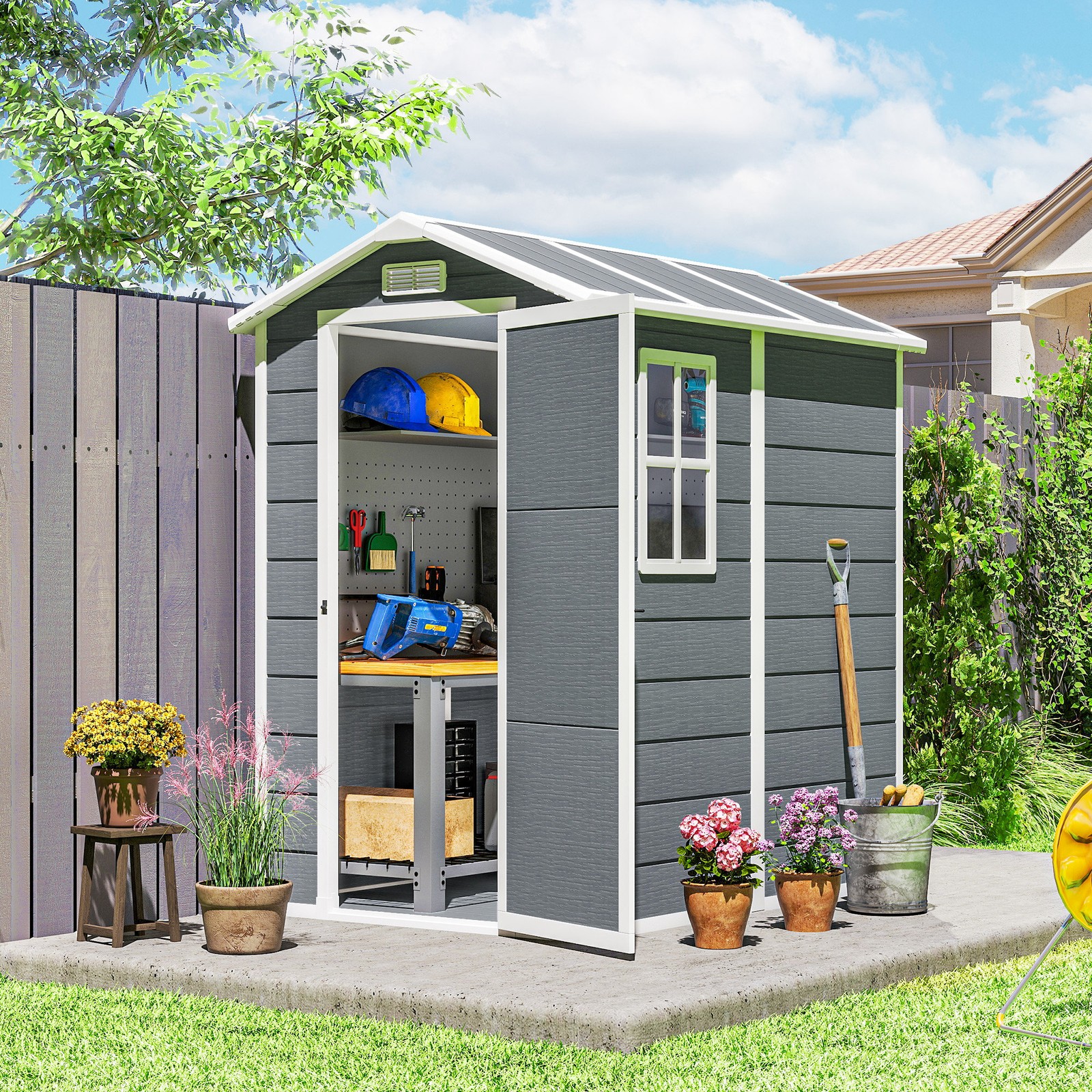 4 x 6ft Plastic Garden Shed with Floor, Window and Lockable Door