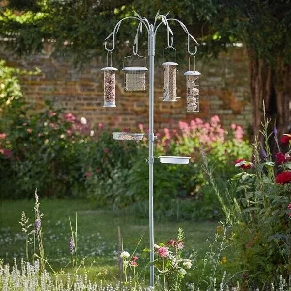 Garden Bird Feeding Station Feeder Outdoor 4 Arms Water Dish Seed Nut Fat Ball