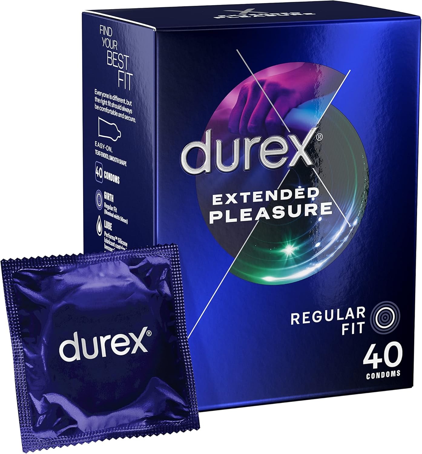 Durex Extended Pleasure Condoms, Regular Fit, 40s, Easy On Shape, With Silicone
