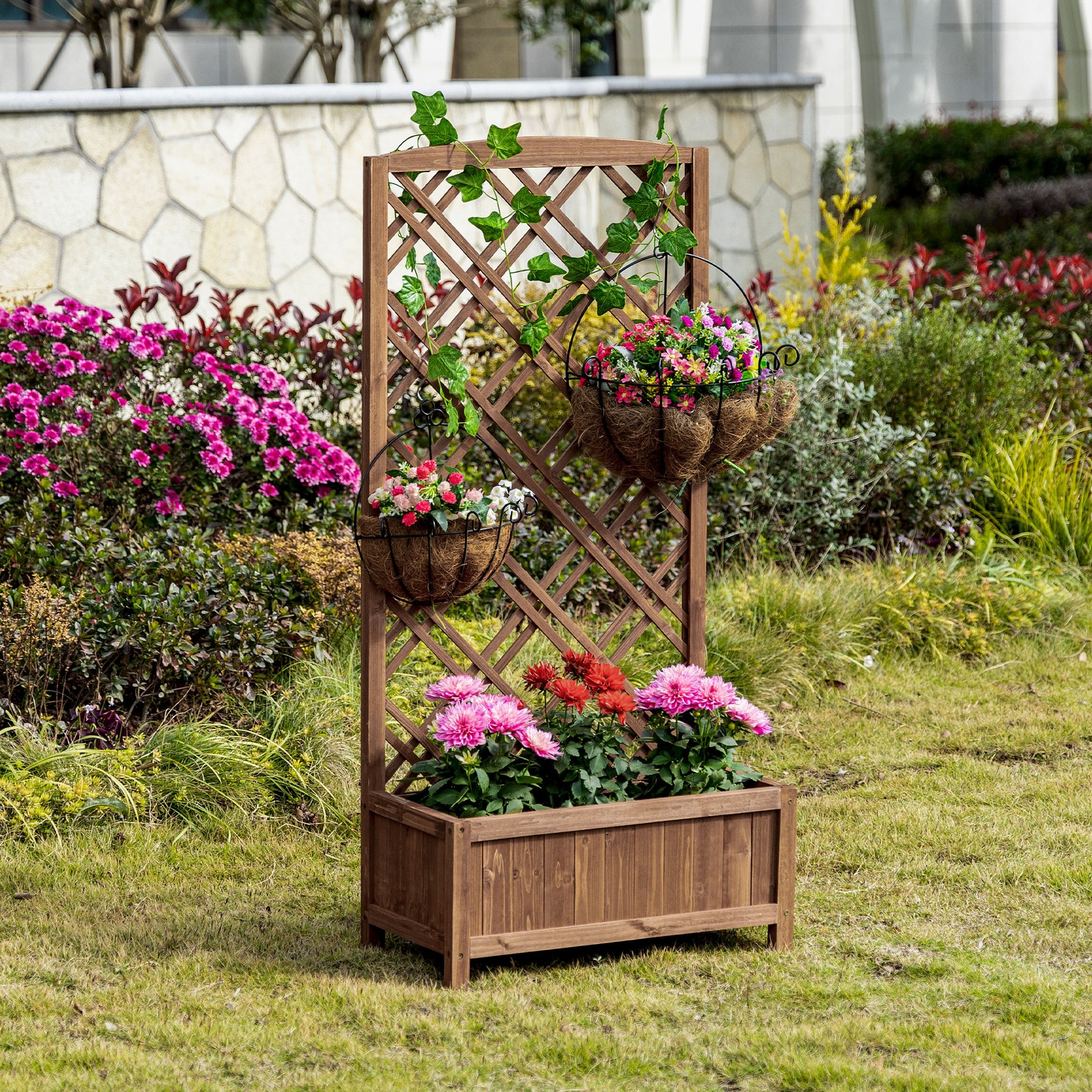 Garden Planter with Trellis, Wooden Raised Bed for Garden, Brown