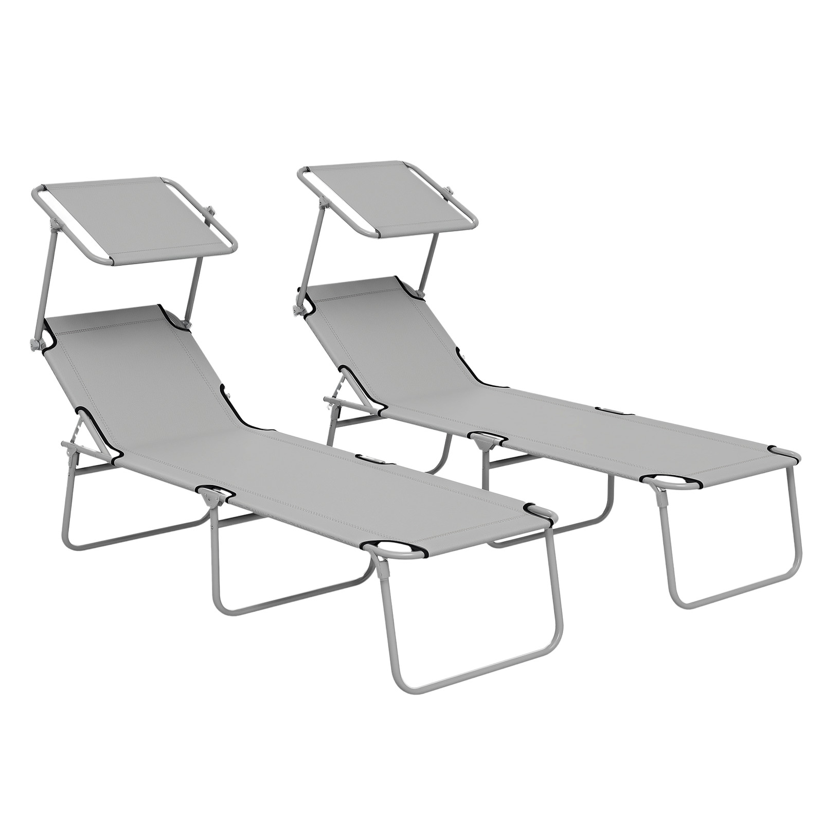 Outsunny Folding Sun Lounger Set of 2 w/ Sunshade Adjustable Backrest Light Grey