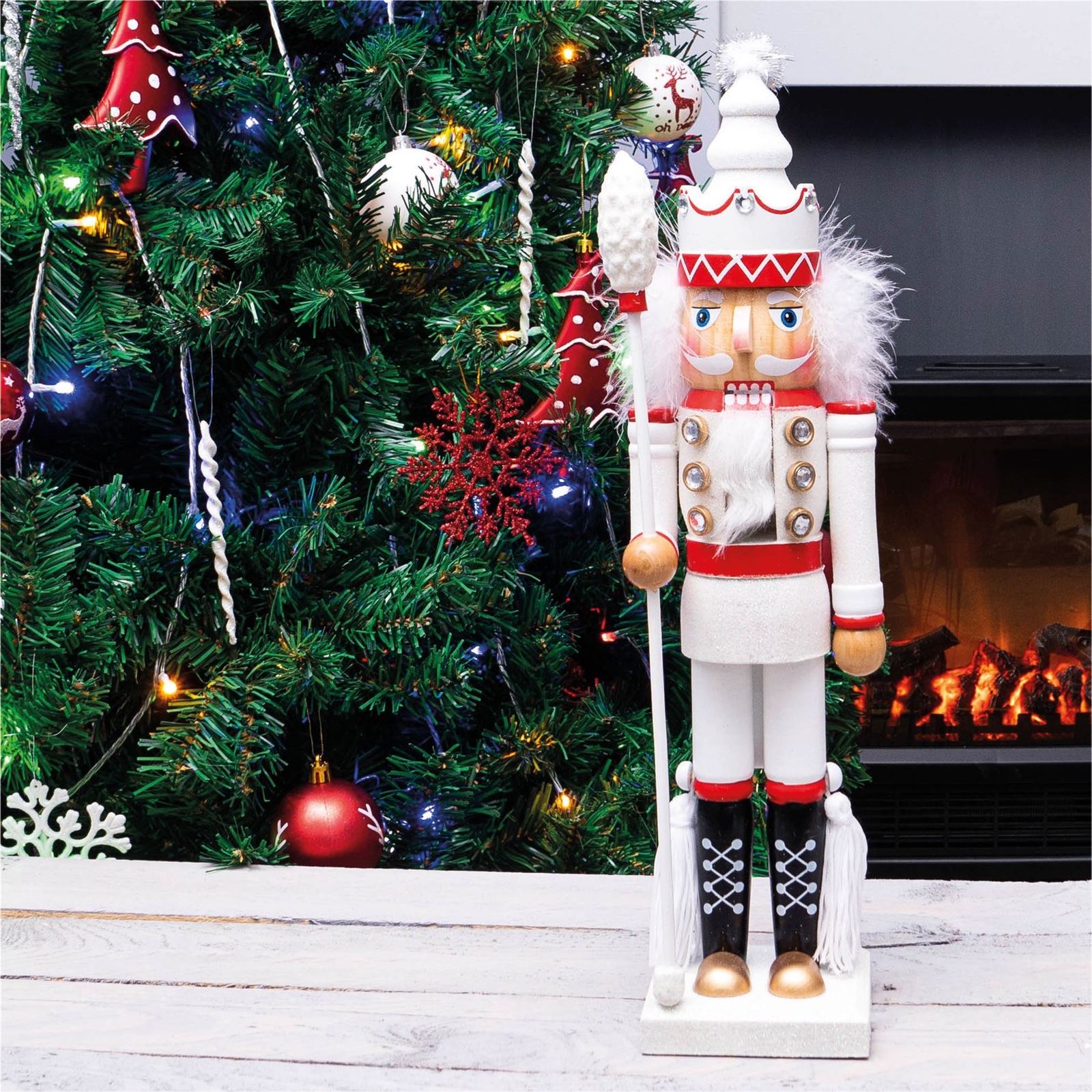 Glitter Nutcracker Soldier Free Standing Desgn Christmas Decor 40cm White