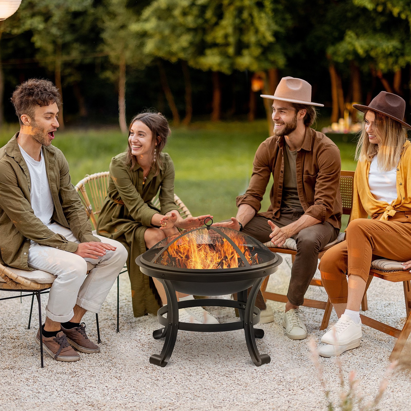 Outdoor Fire Pit, Round Firepit with Mesh Lid and Poker, Black