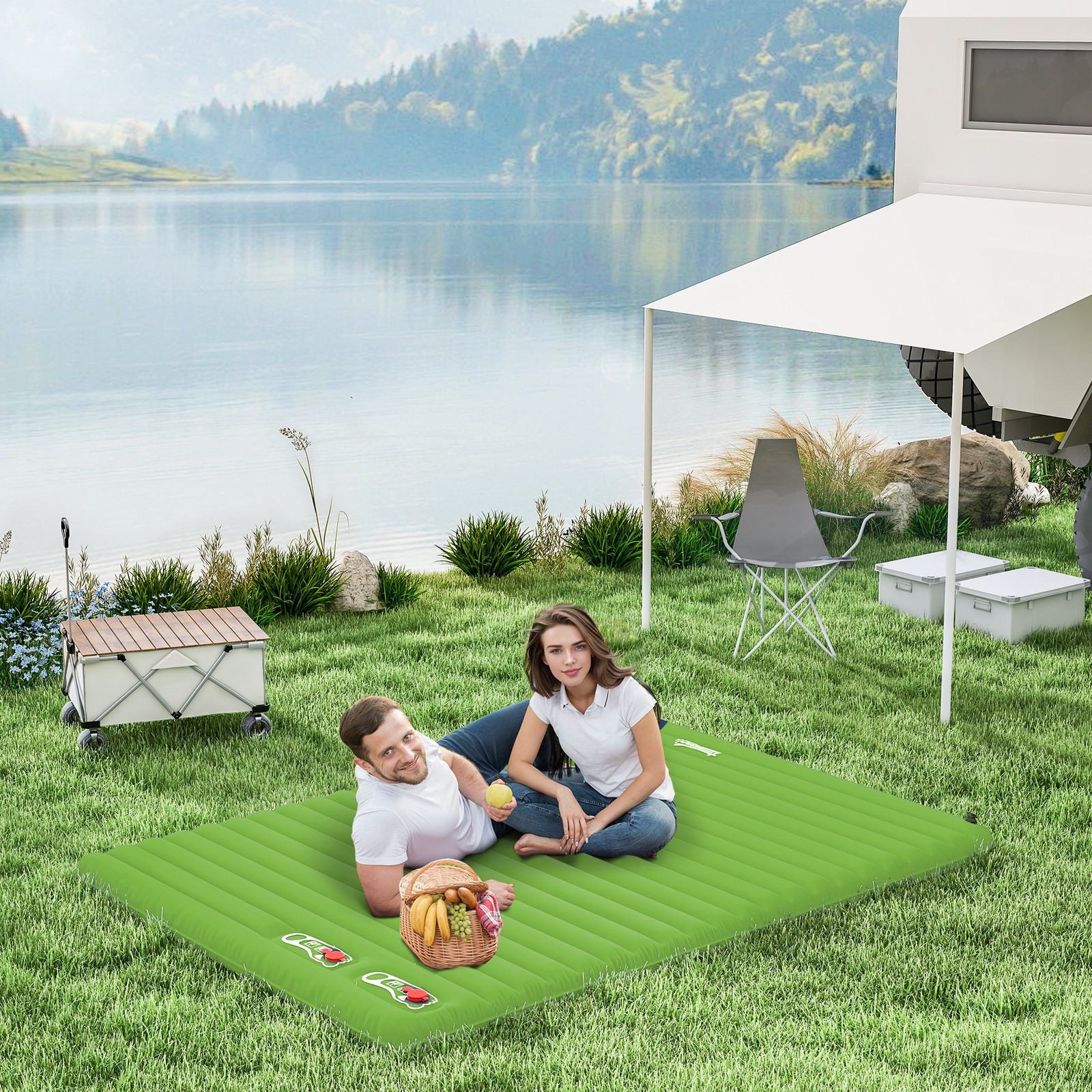 Portable Inflatable Bed Double Mattress Camping Sleeping for Travel Green