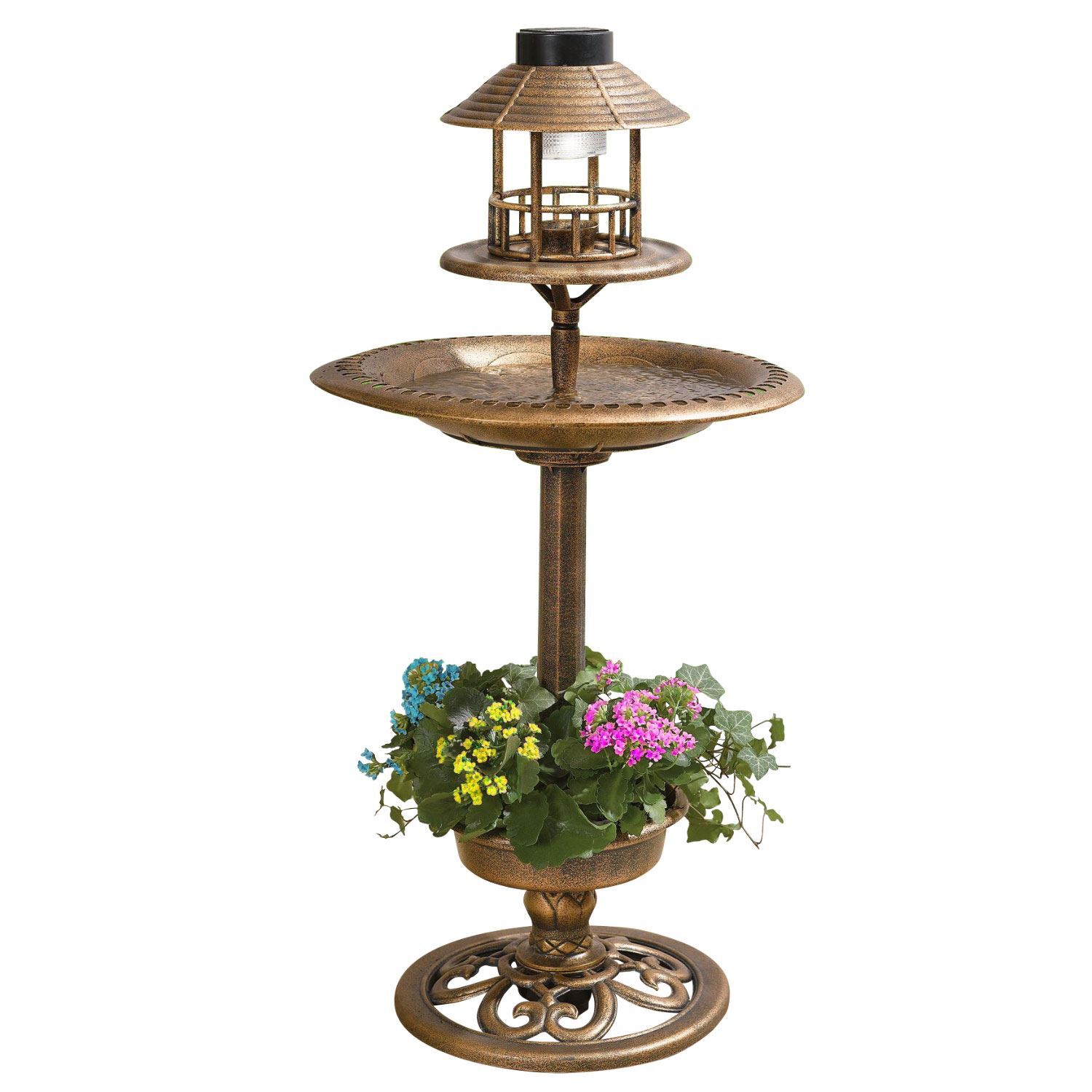 BRONZE BIRD HOTEL FEEDER & BATH WITH SOLAR LIGHT GARDEN ORNAMENTAL TABLE STATION
