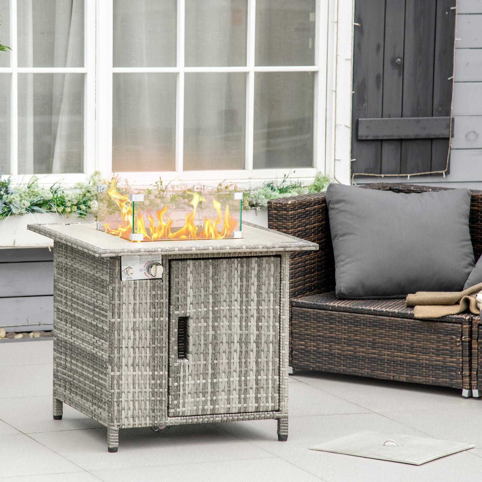 Rattan Gas Fire Pit Table with Rain Cover, Wind Guard, Lava Rocks, 14.5 KW