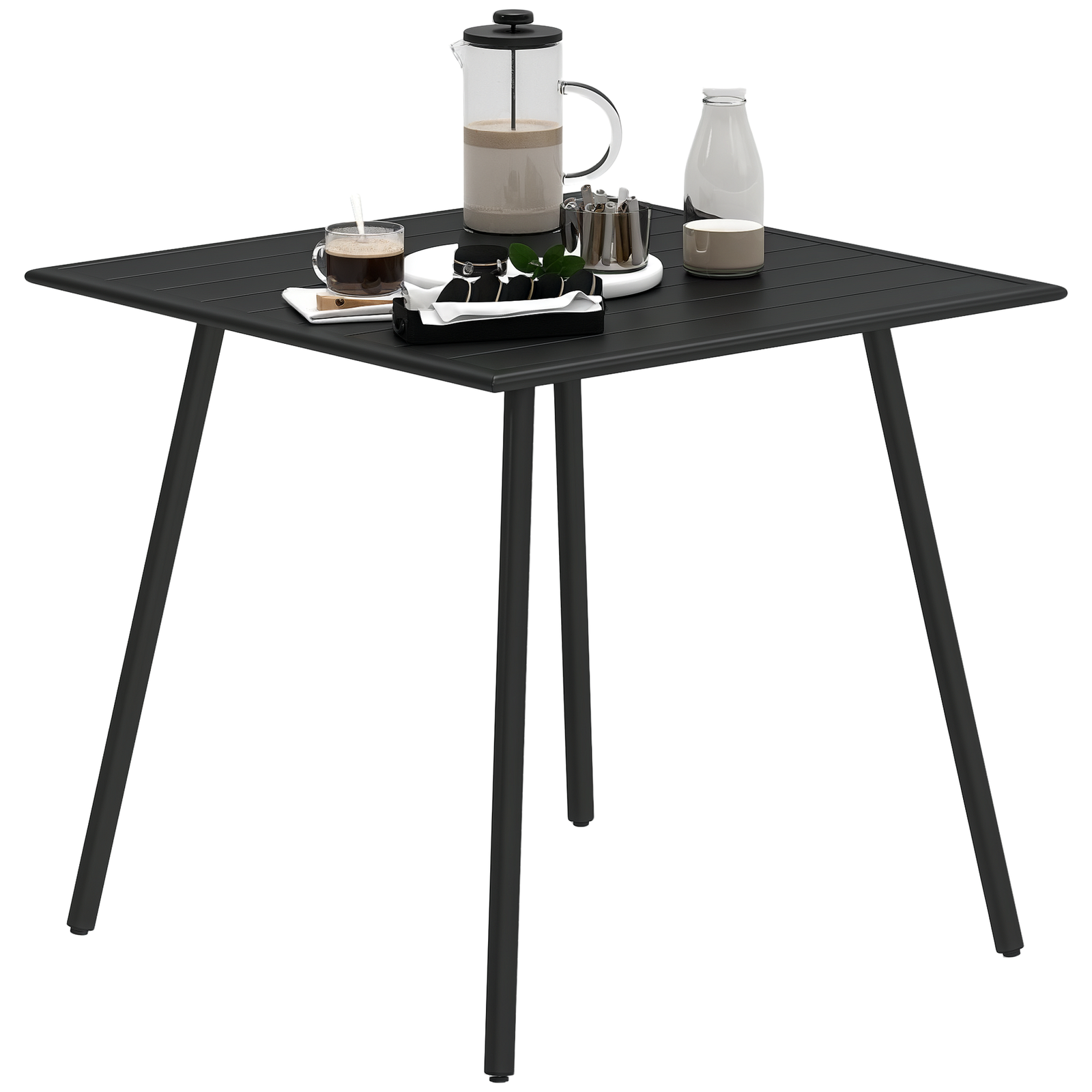 Outsunny Garden Table for 4 Person with Slat Top, Steel Frame, Black