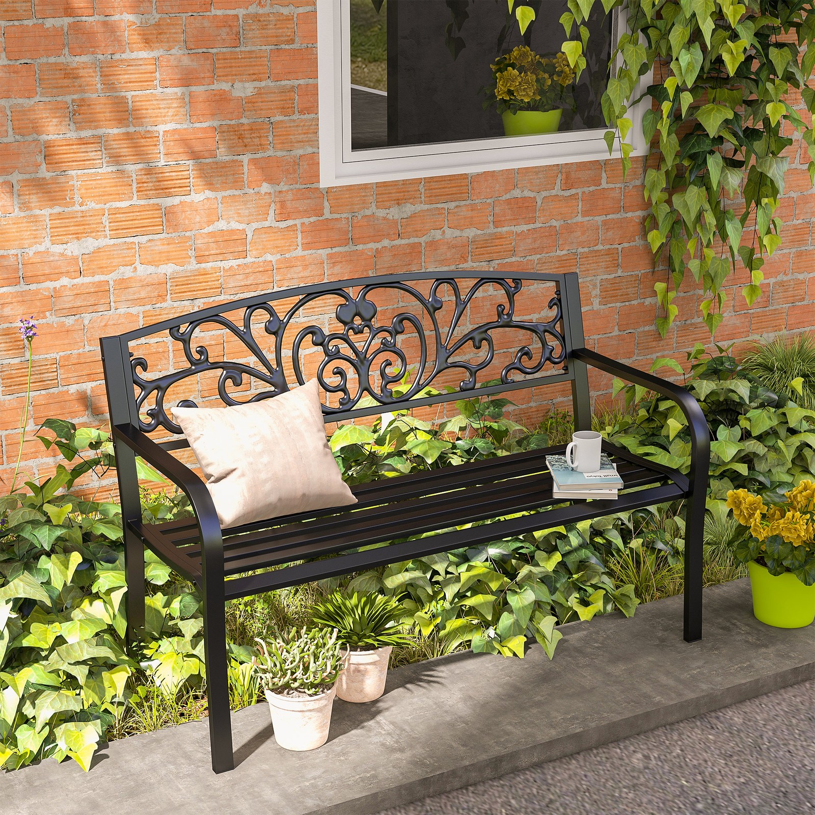 Garden Bench Furniture Park Patio 2 Person Chair Steel Black 120cm Outdoor