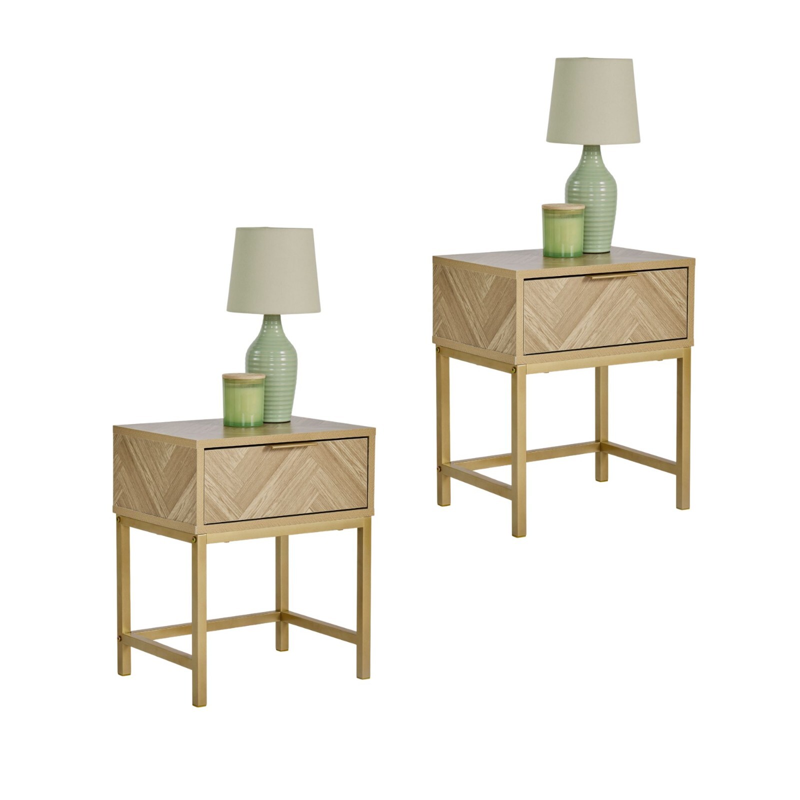 Bedside Tables for Bedroom Set of 2, 1 Drawer Herringbone Nightstands, VonHaus