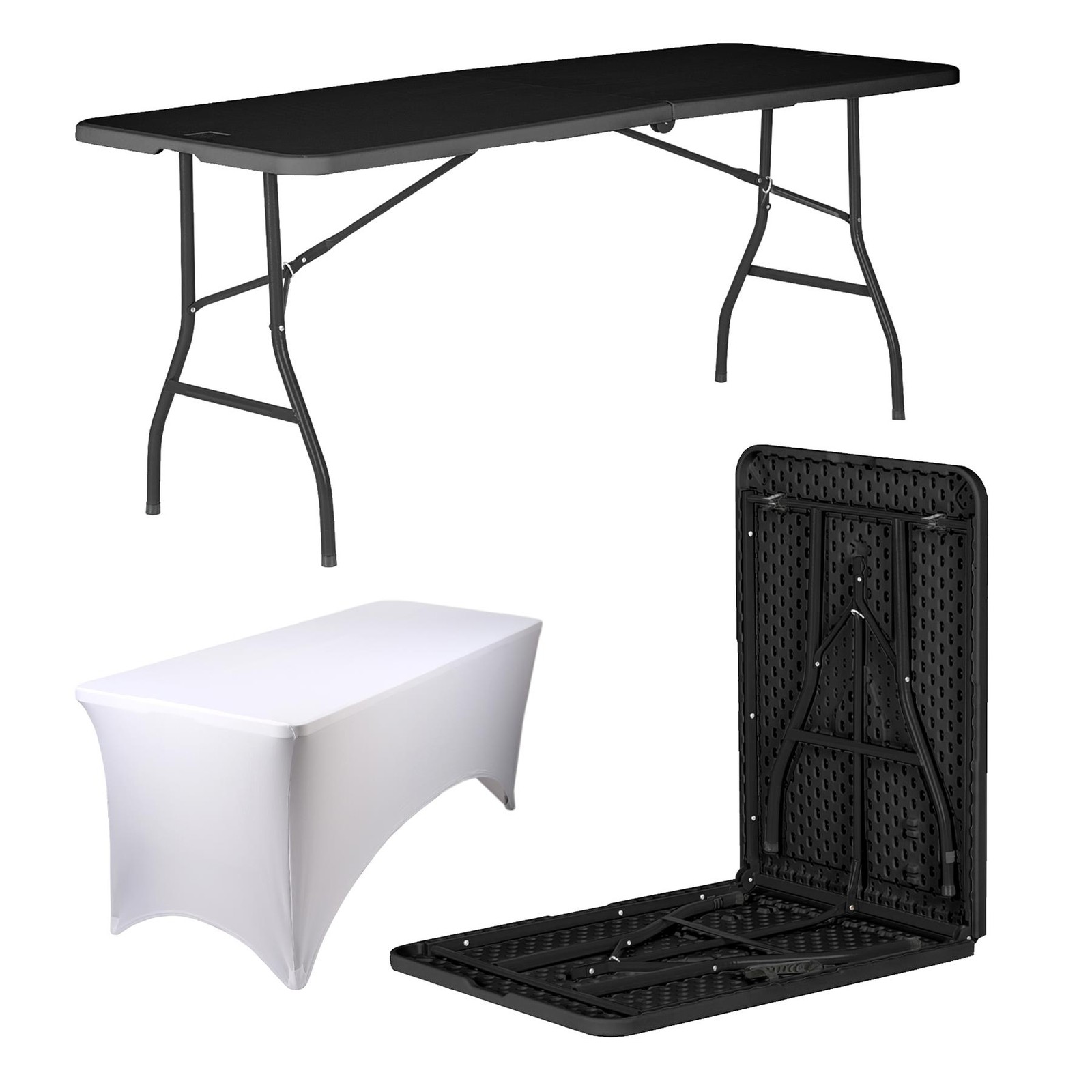 1x Folding Camping Picnic Table with Fitted Tablecloth 180cm (6ft) Black/White