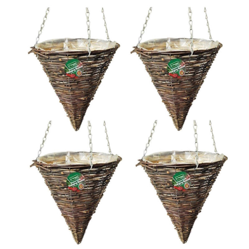 4 x 12" Hanging Basket Cone Garden Planter's Chain & Liner Natural Wicker Rattan