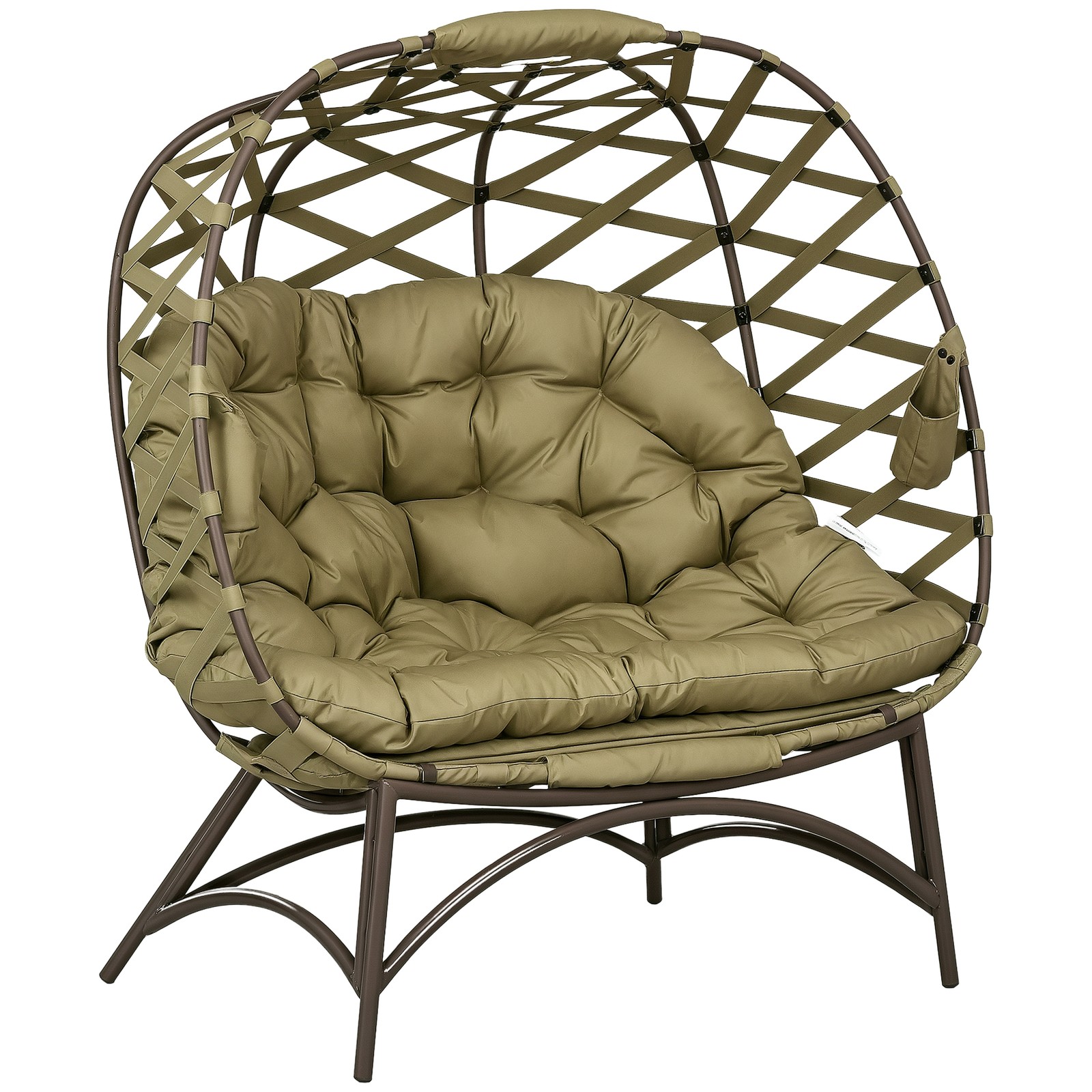 Outsunny 2 Seater Egg Chair Outdoor with Cushion, Cup Pockets - Khaki