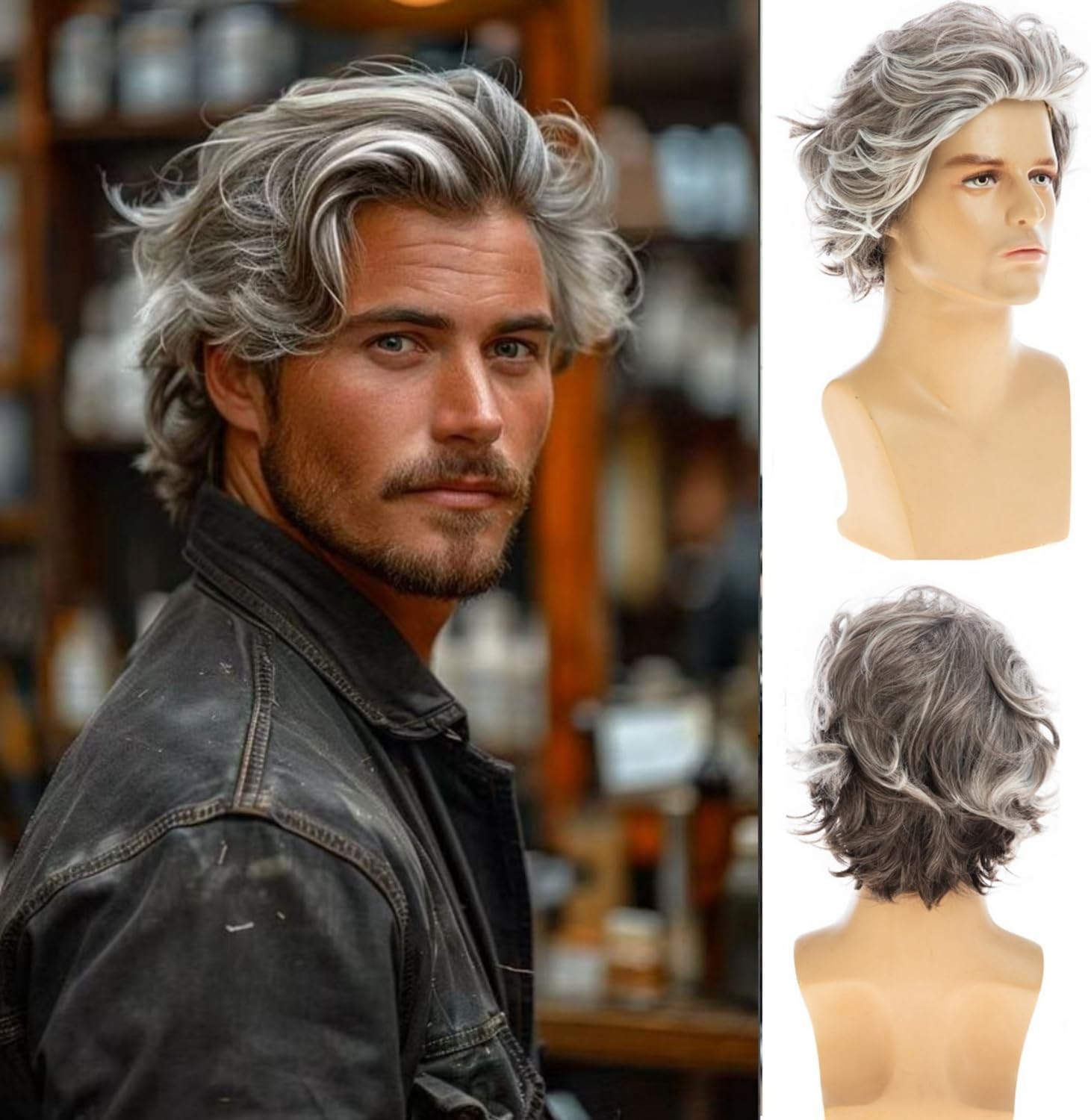 Mens Wig Short Brown Mixed White Layered Synthetic Halloween Cosplay Costume