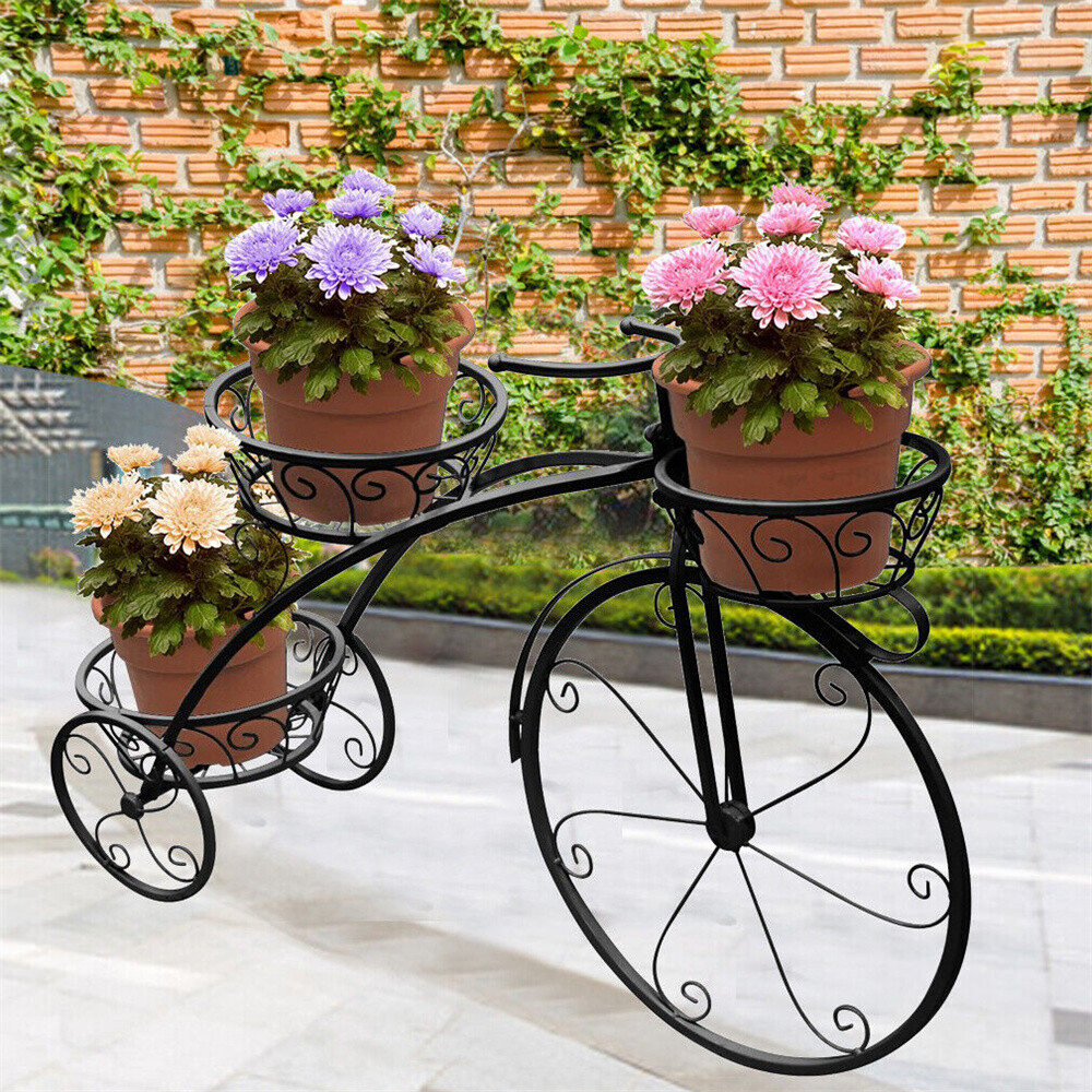 Wrought Iron Bicycle Plant Stand 3 Planter Bucket Cart Ornaments Windowsill Home