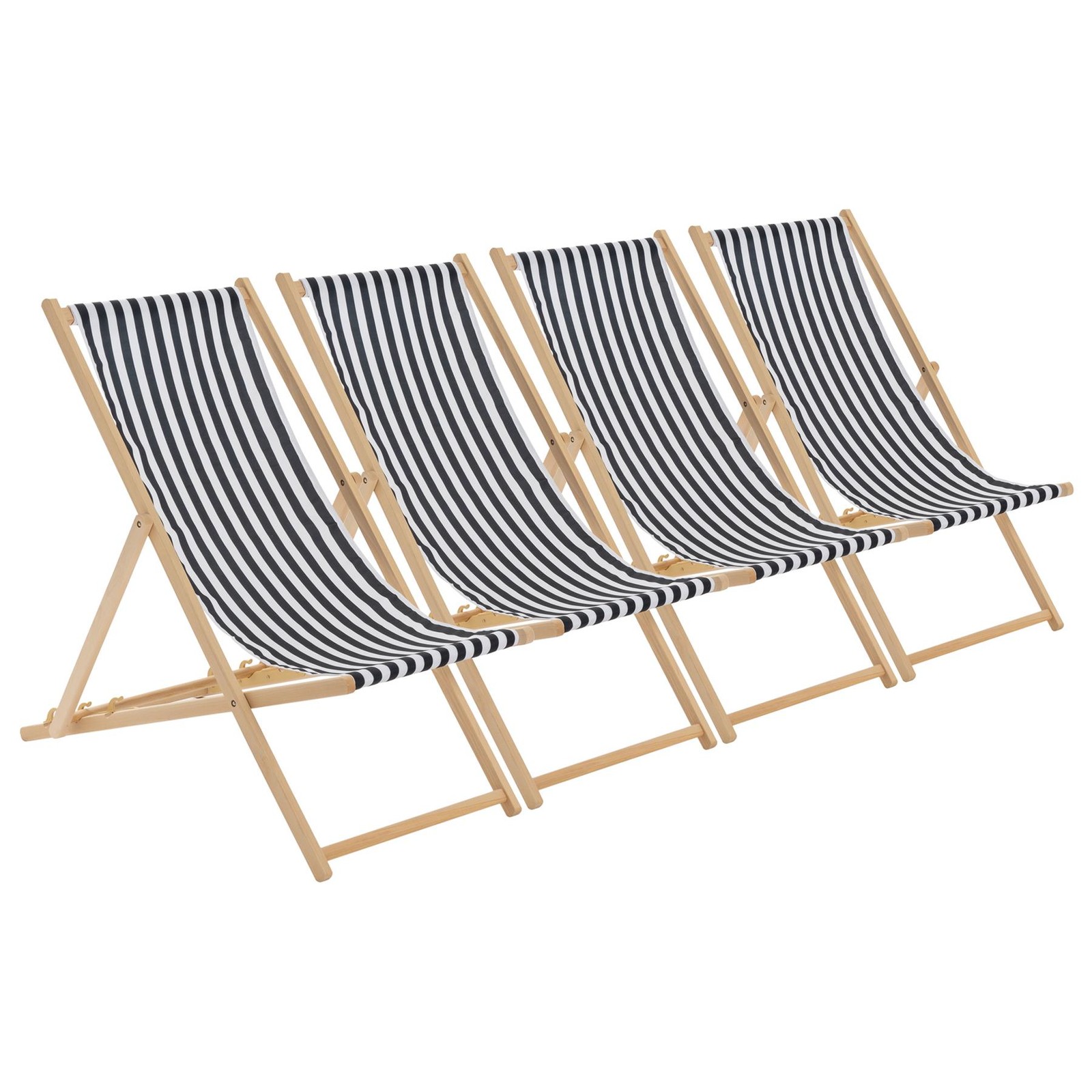 4x Folding Wooden Deck Chairs Adjustable Canvas Beach Lounger Black Stripe