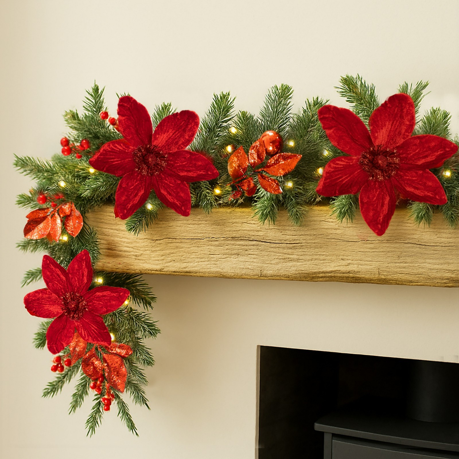 Christmas 9ft Poinsettia Garland Pre Lit Luxury LED Decoration Lights Battery