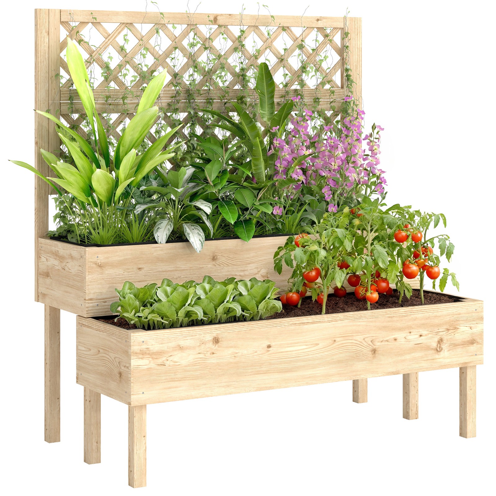 Outsunny 2-Tier Raised Garden Bed with Trellis for Climbing Plants