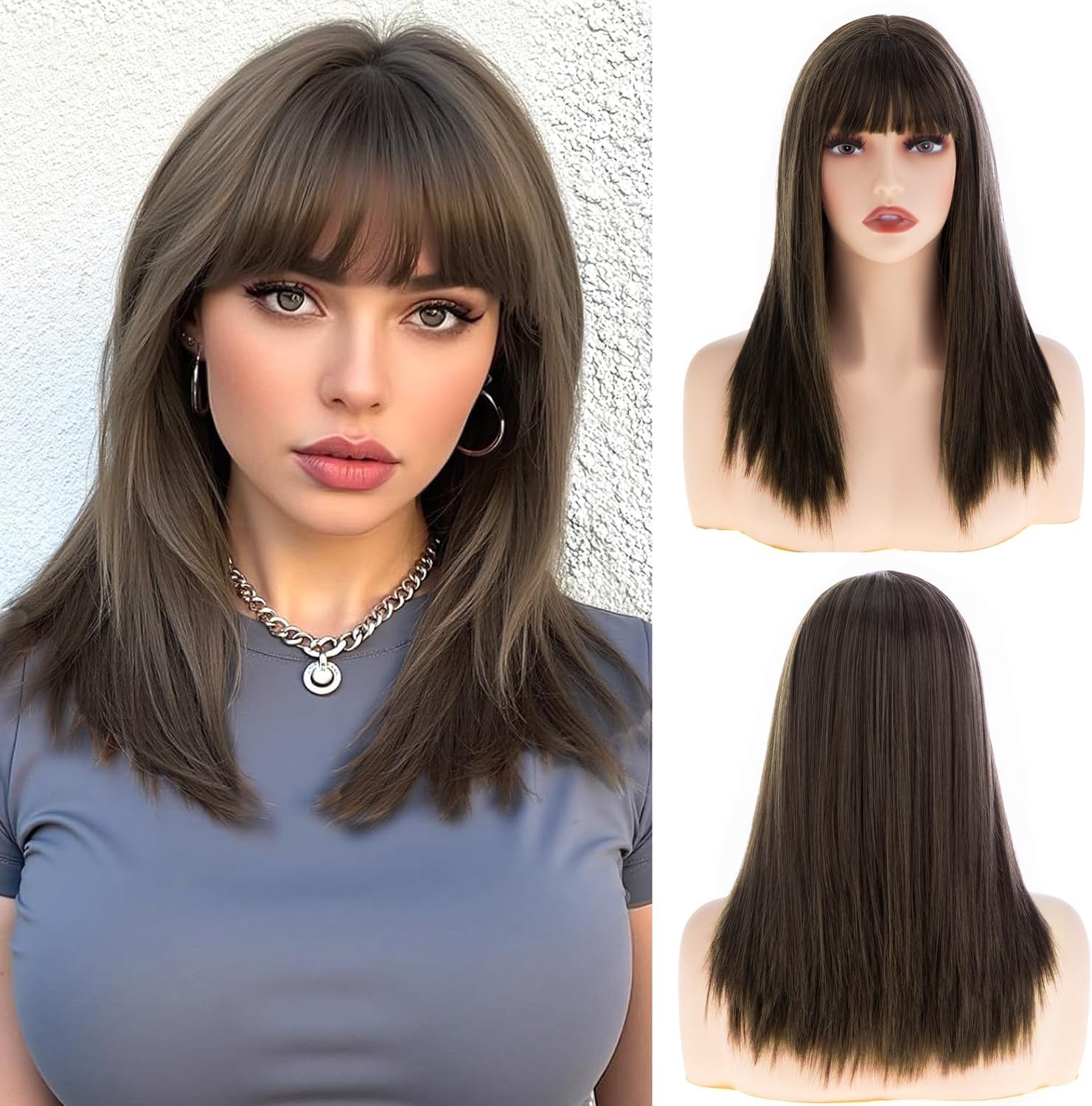 Womens Short Brown Wigs with Bangs Shoulder Length Straight Wig Natural Synthet