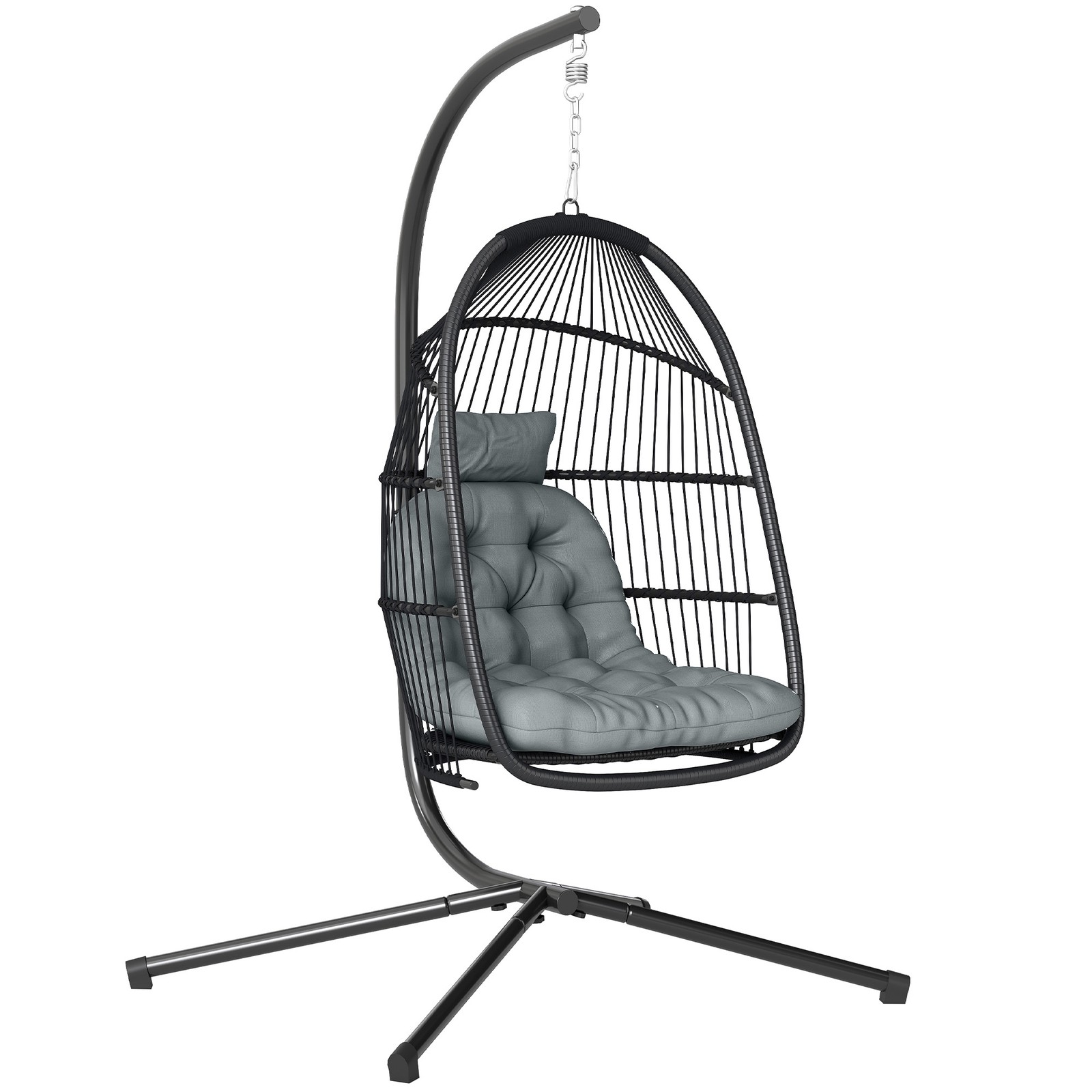 Outsunny Rattan Hanging Egg Chair with Stand, Cushion, Dark Grey