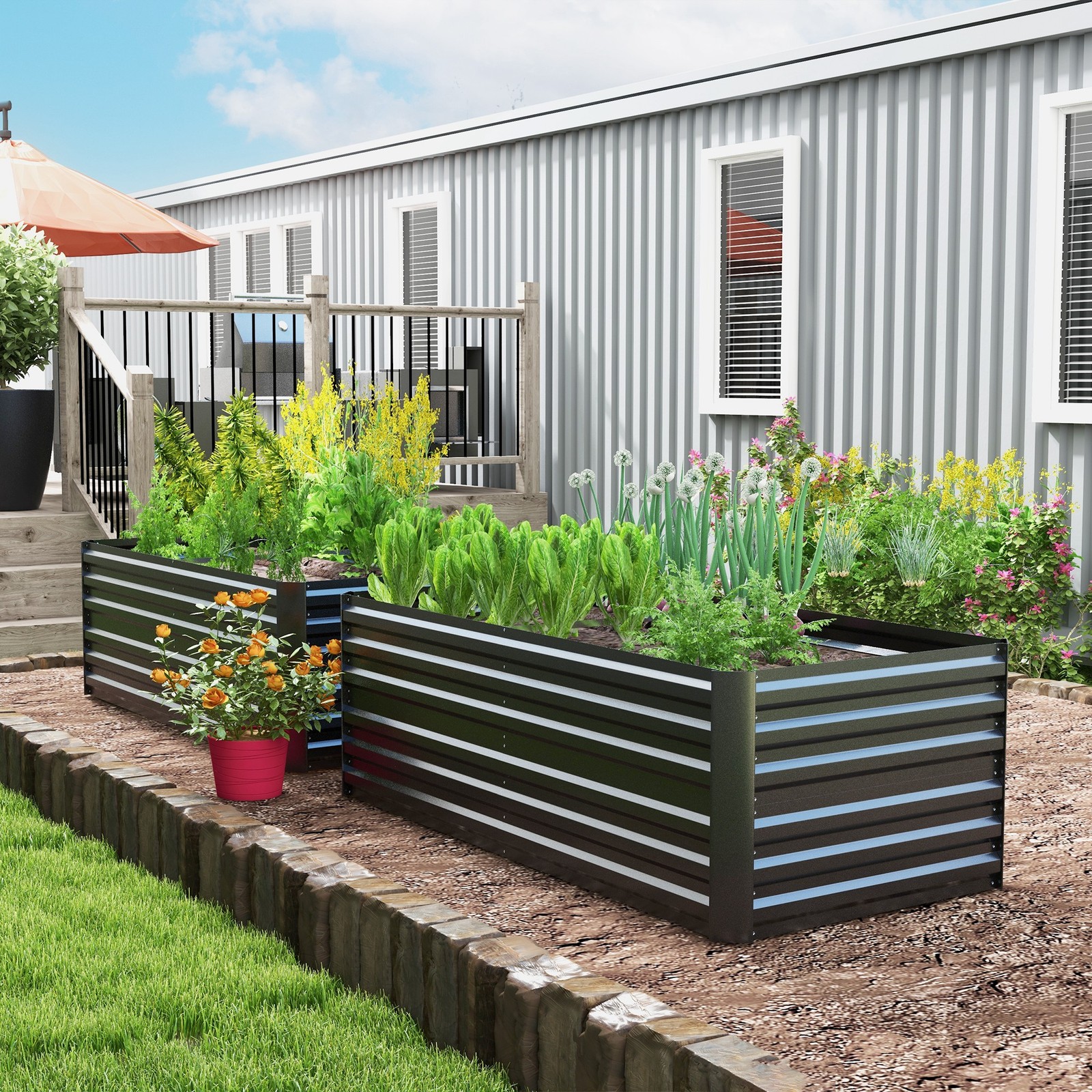 2pcs Galvanised Steel Outdoor Raised Bed Planters w/ Reinforced Rods, Dark Grey